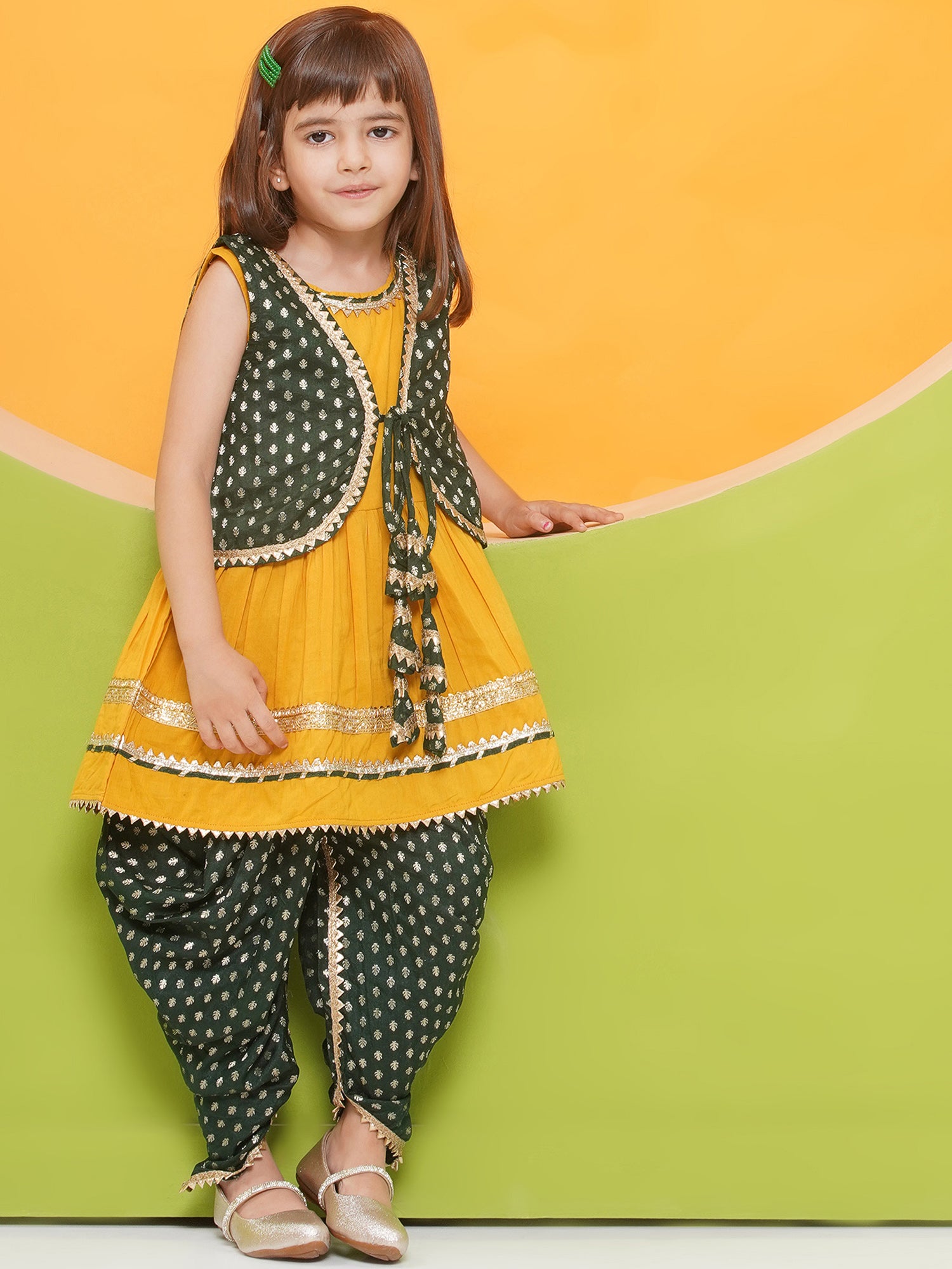 Yellow Poly Chanderi Sleeveless Motif Print Girls Dhoti Style Suit Set With Dark Green Half Jacket For Girls - AJ Dezines
