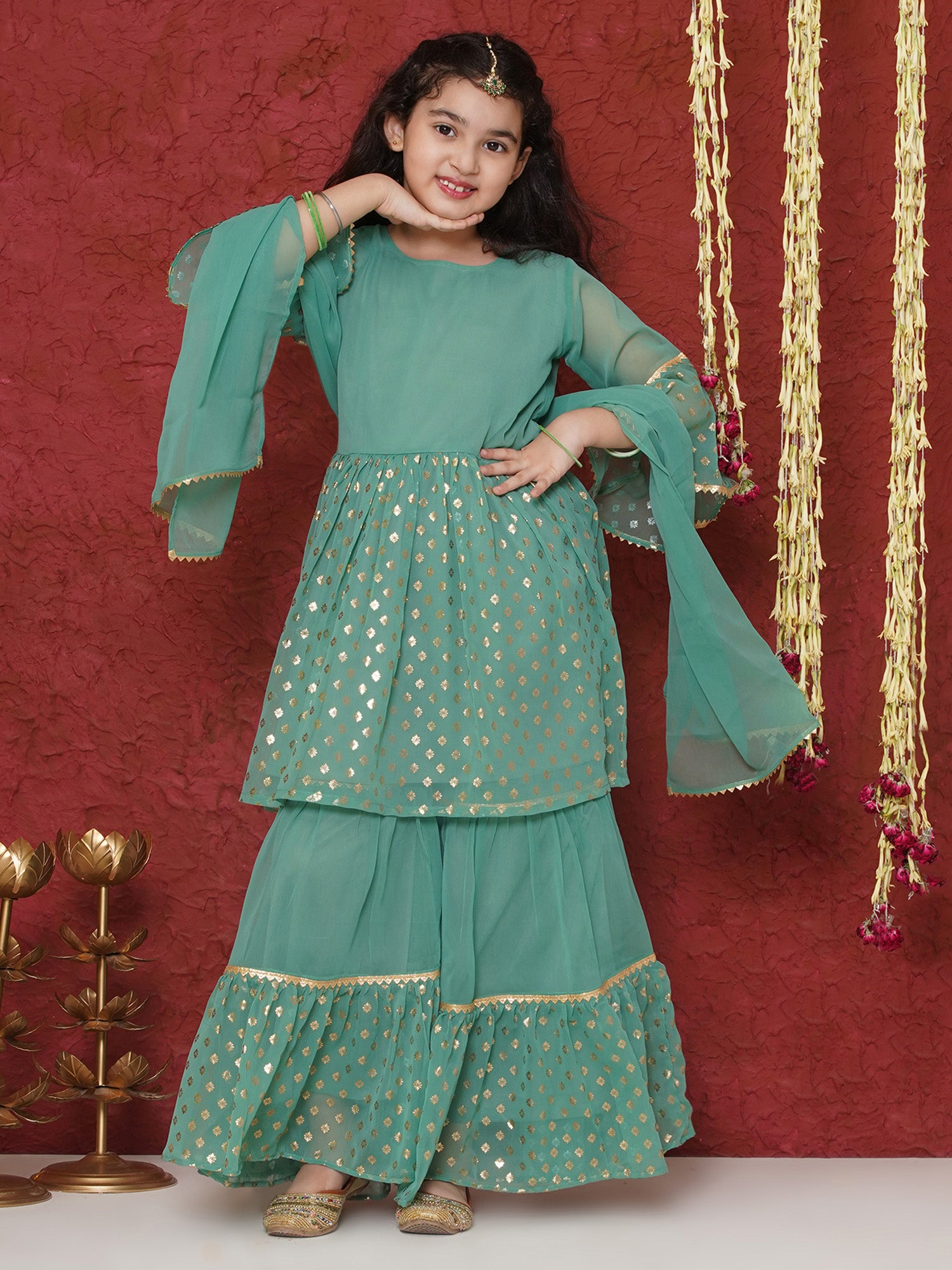 Green Georgette Three-Fourth Sleeves Motif Print Sharara Set For Girls - AJ Dezines