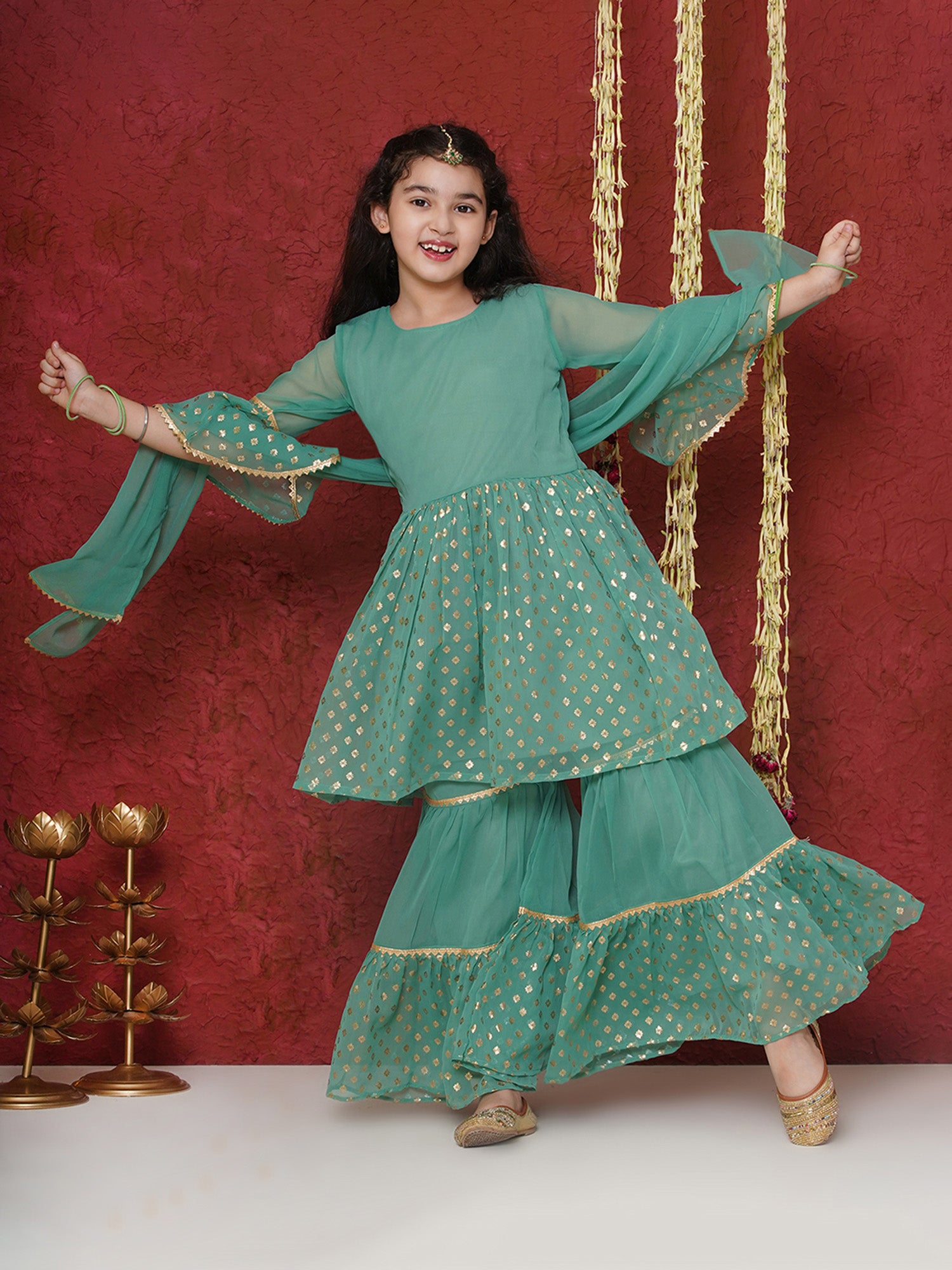 Green Georgette Three-Fourth Sleeves Motif Print Sharara Set For Girls - AJ Dezines