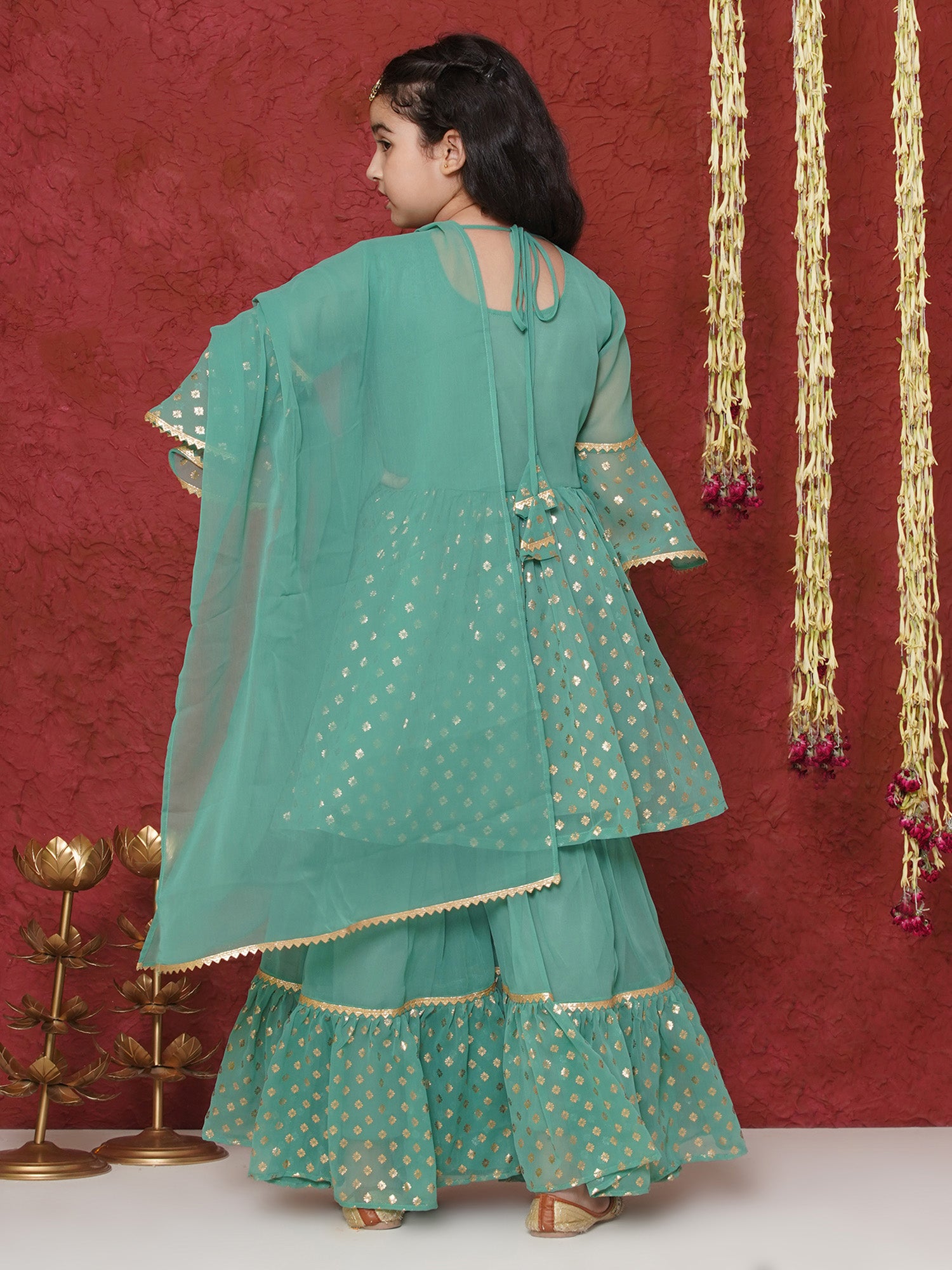 Green Georgette Three-Fourth Sleeves Motif Print Sharara Set For Girls - AJ Dezines