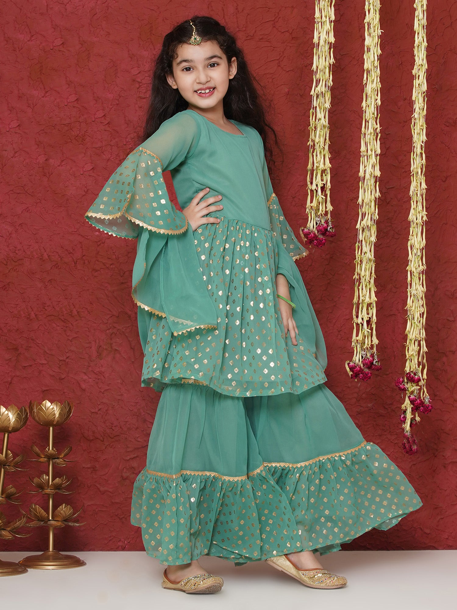 Green Georgette Three-Fourth Sleeves Motif Print Sharara Set For Girls - AJ Dezines