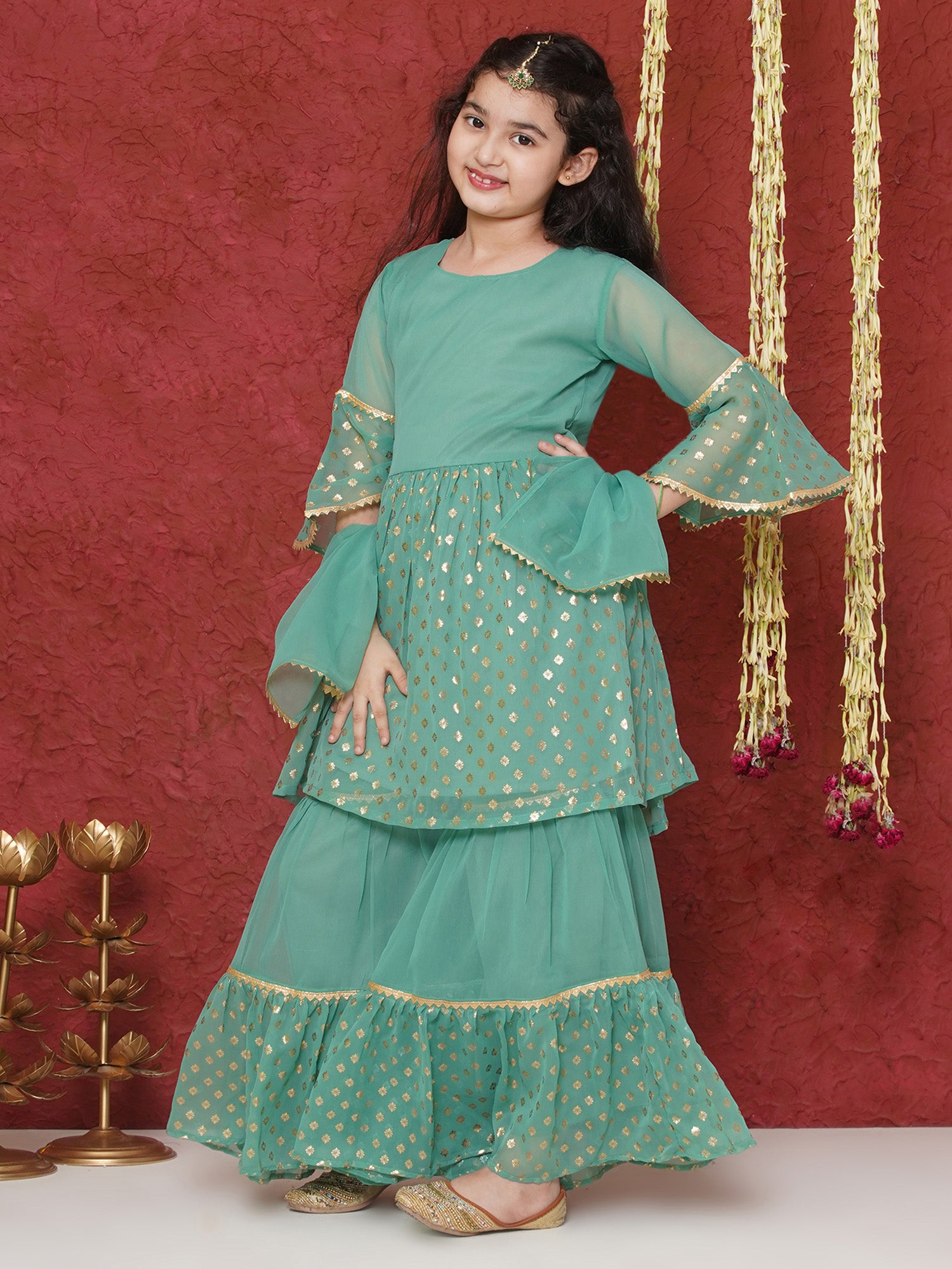Green Georgette Three-Fourth Sleeves Motif Print Sharara Set For Girls - AJ Dezines