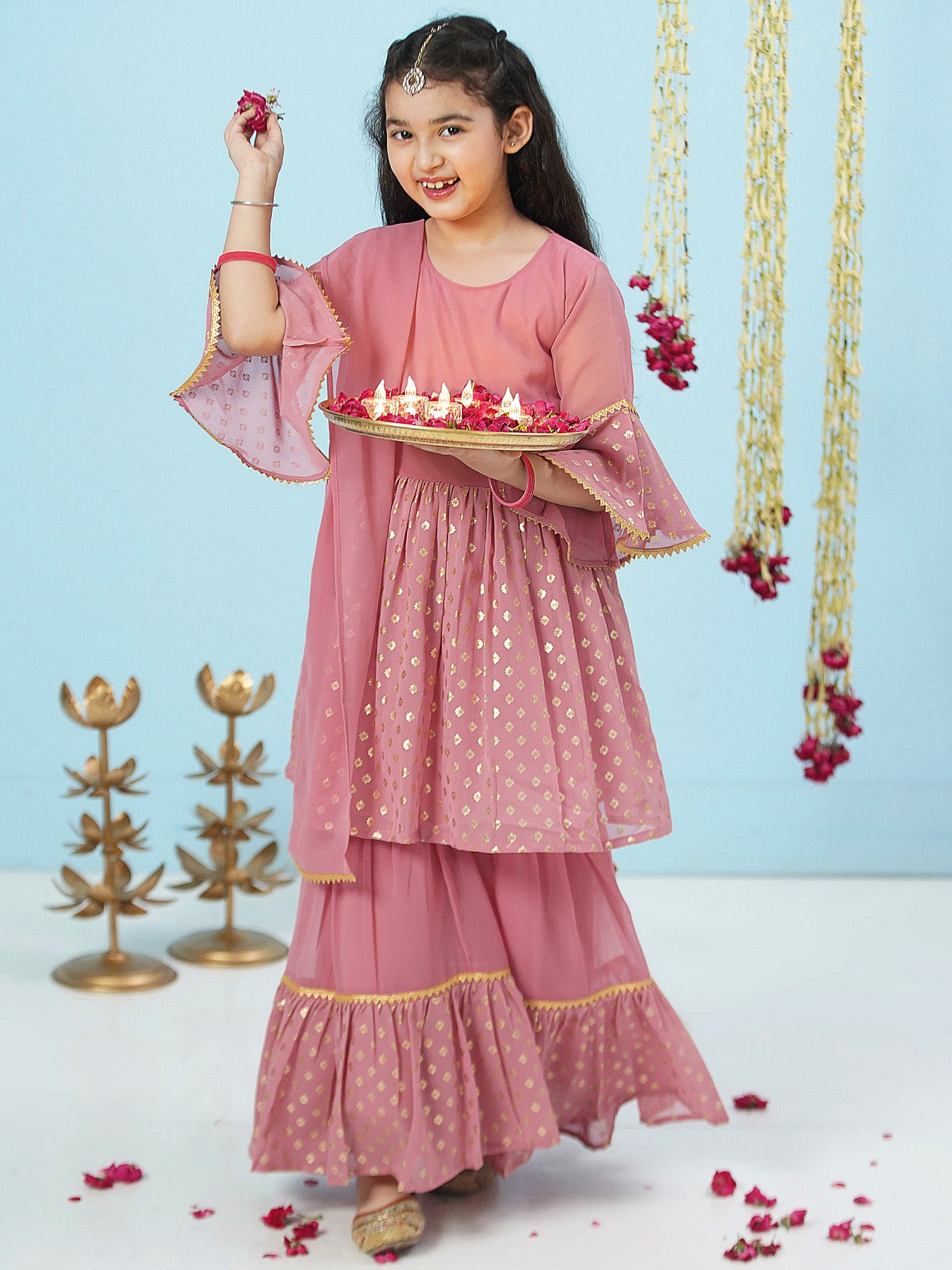 Pink Georgette Three-Fourth Sleeves Motif Print Sharara Set For Girls - AJ Dezines