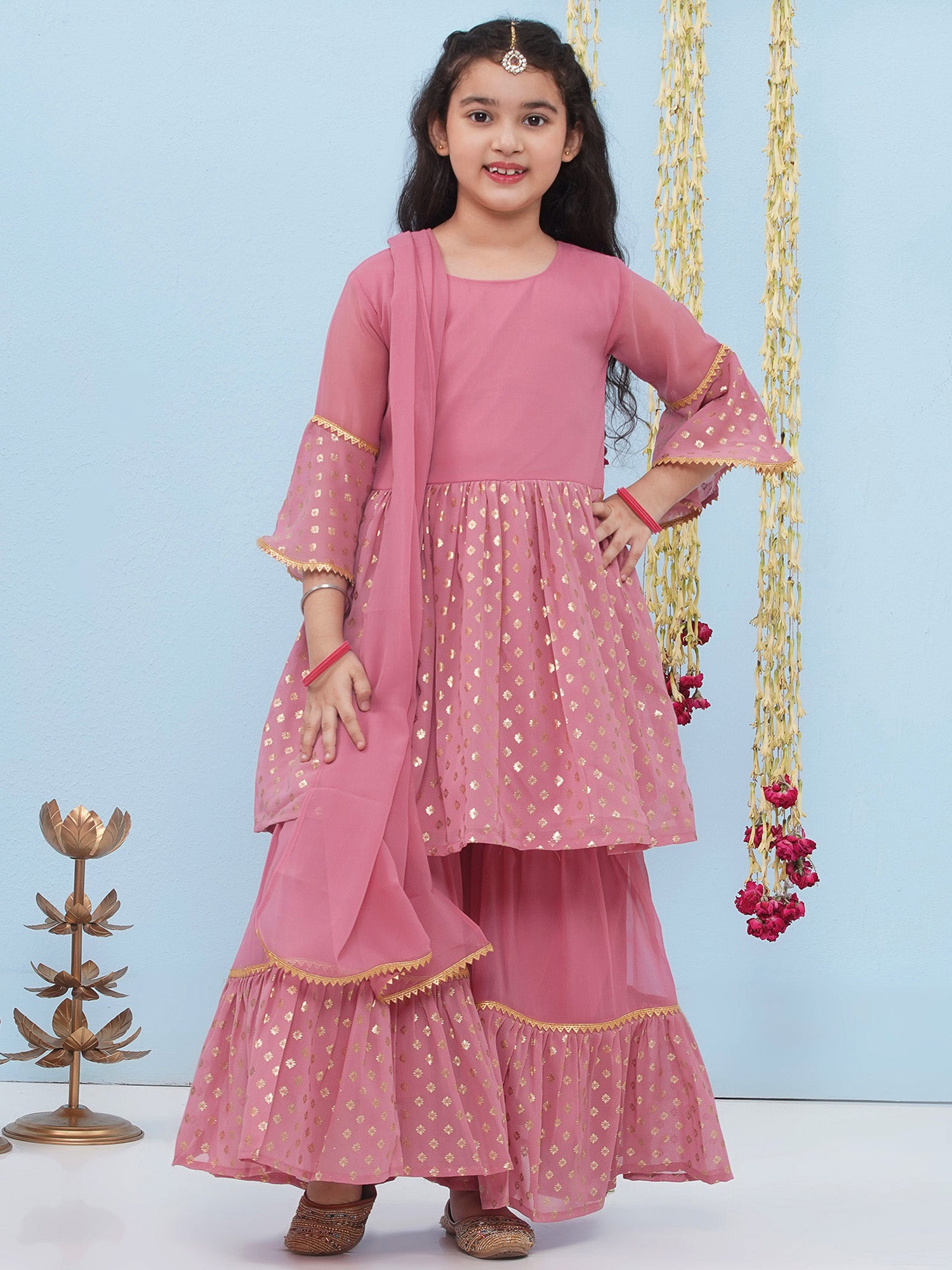 Pink Georgette Three-Fourth Sleeves Motif Print Sharara Set For Girls - AJ Dezines