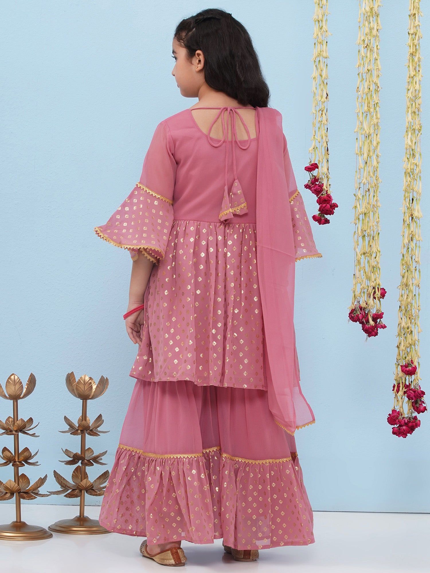 Pink Georgette Three-Fourth Sleeves Motif Print Sharara Set For Girls - AJ Dezines