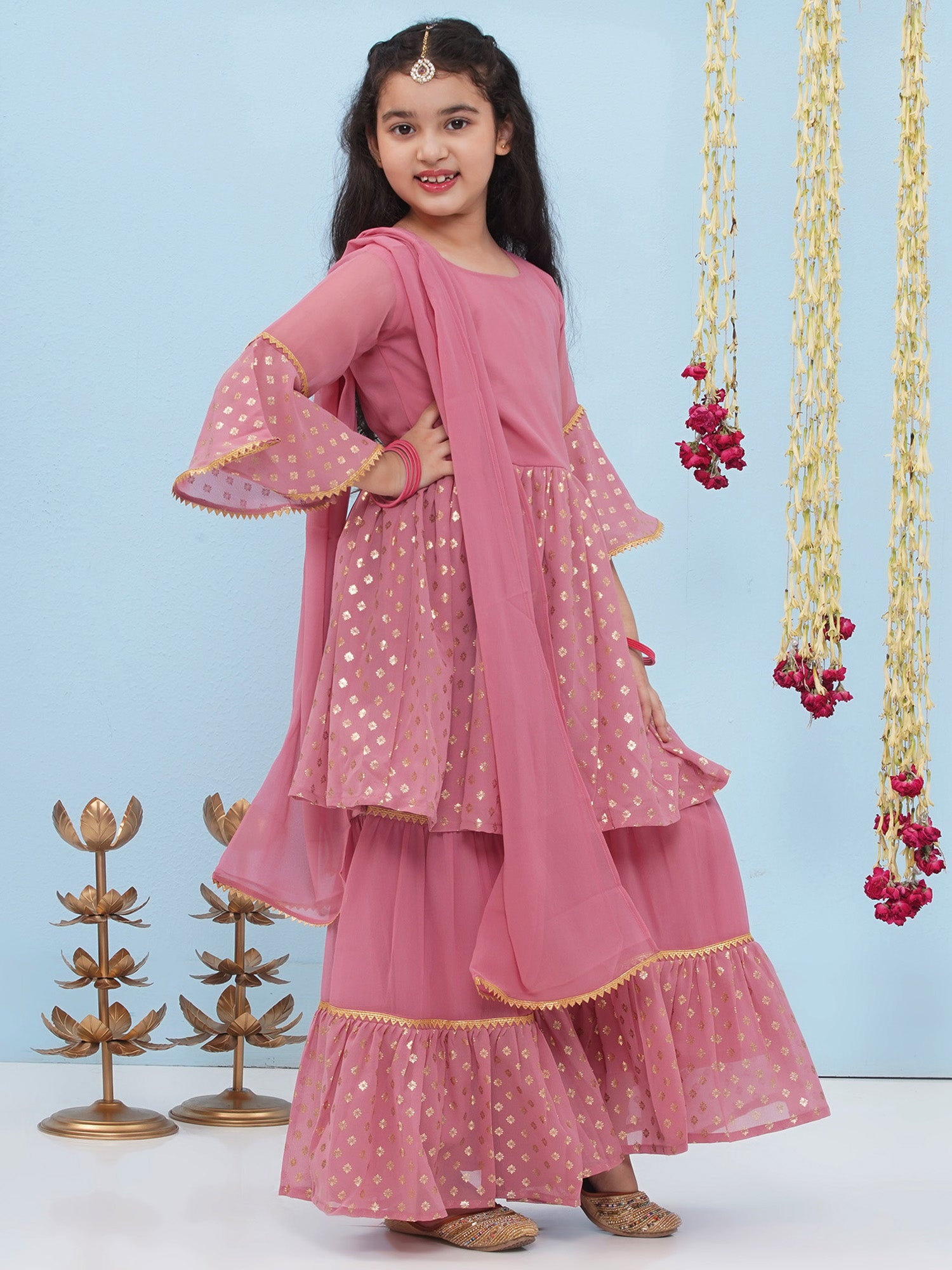 Pink Georgette Three-Fourth Sleeves Motif Print Sharara Set For Girls - AJ Dezines