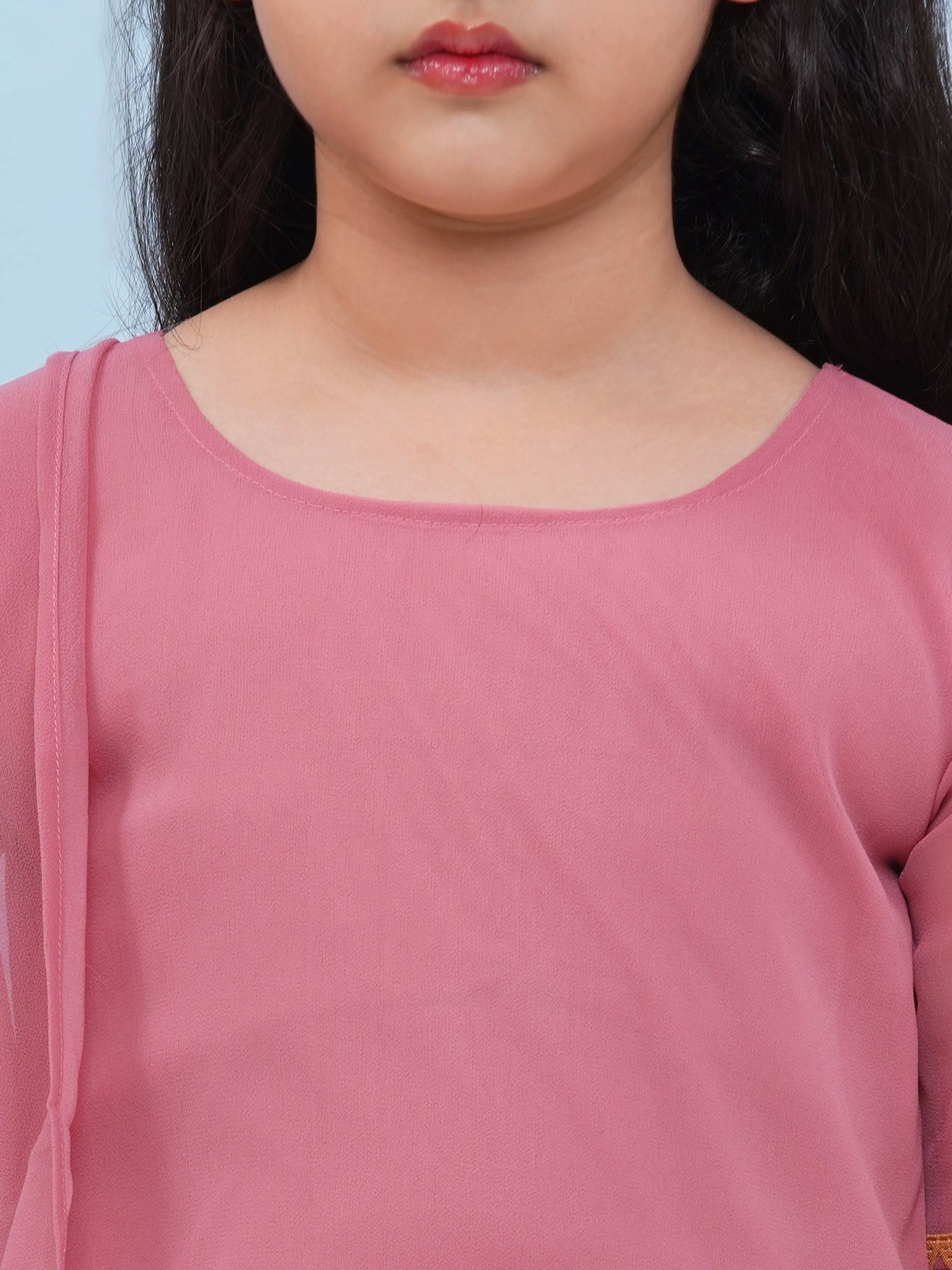 Pink Georgette Three-Fourth Sleeves Motif Print Sharara Set For Girls - AJ Dezines