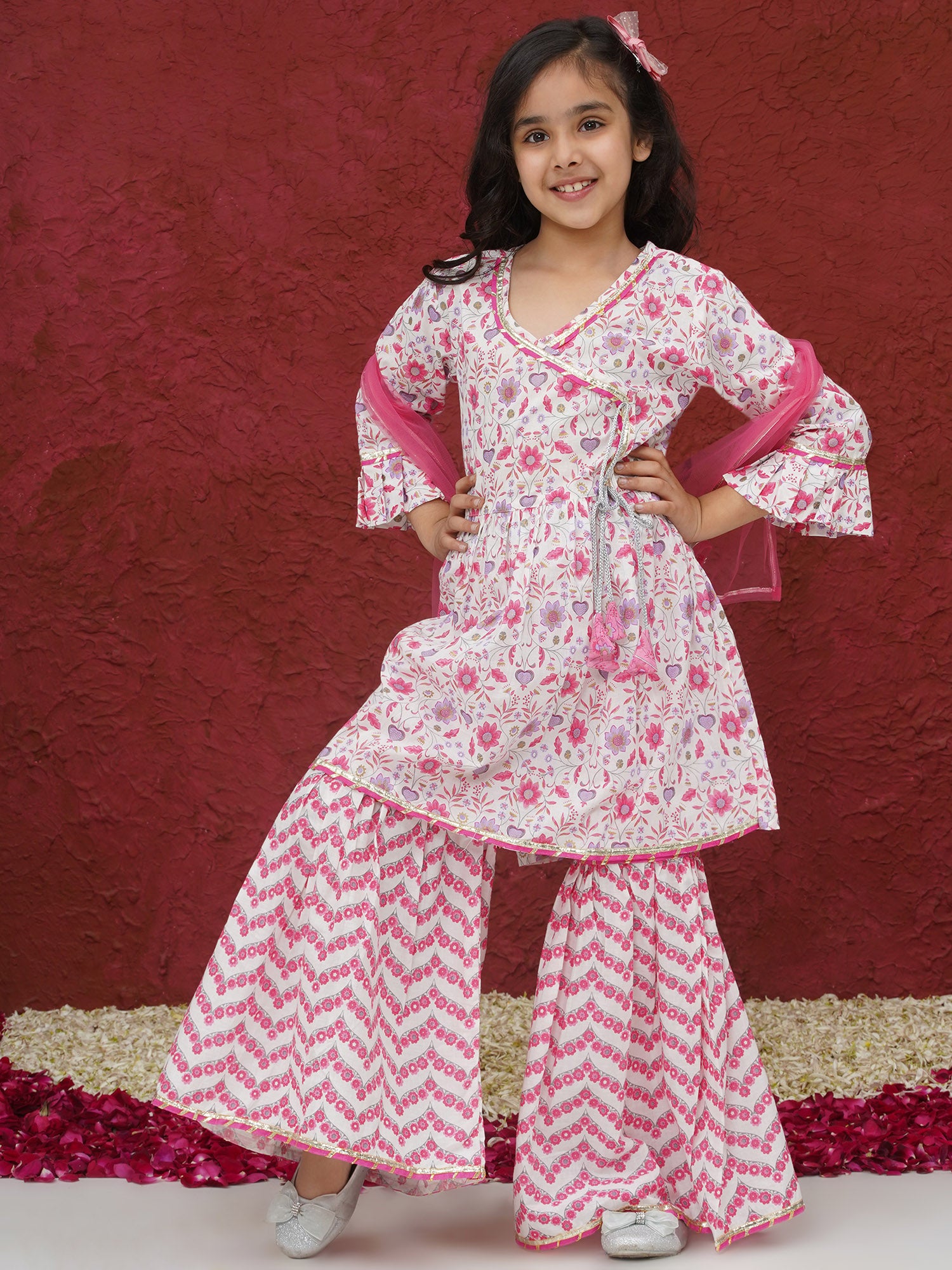 Pink 3/4th Sleeves Floral Print Cotton Girls Suit Set For Girls - AJ Dezines
