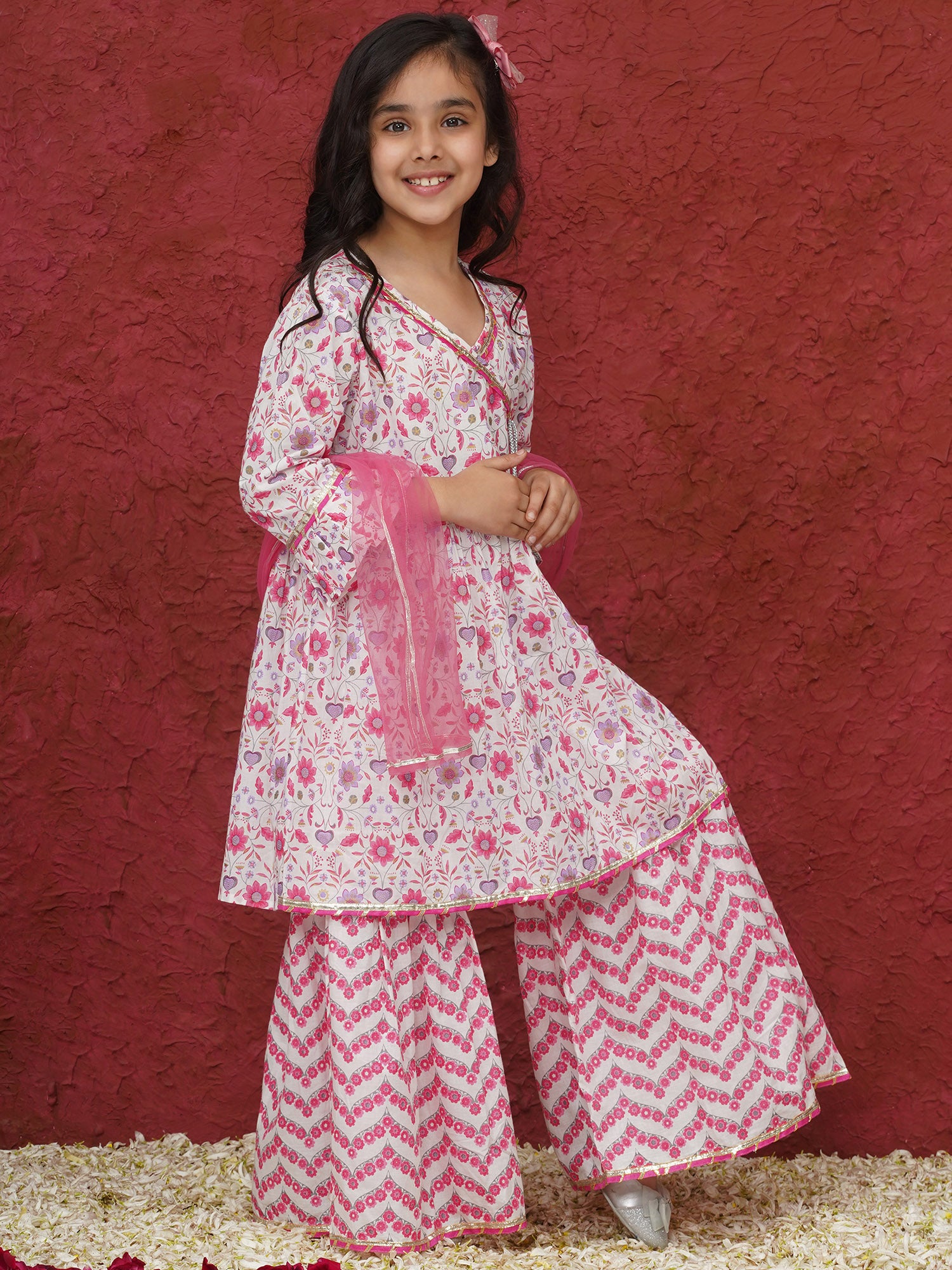Pink 3/4th Sleeves Floral Print Cotton Girls Suit Set For Girls - AJ Dezines
