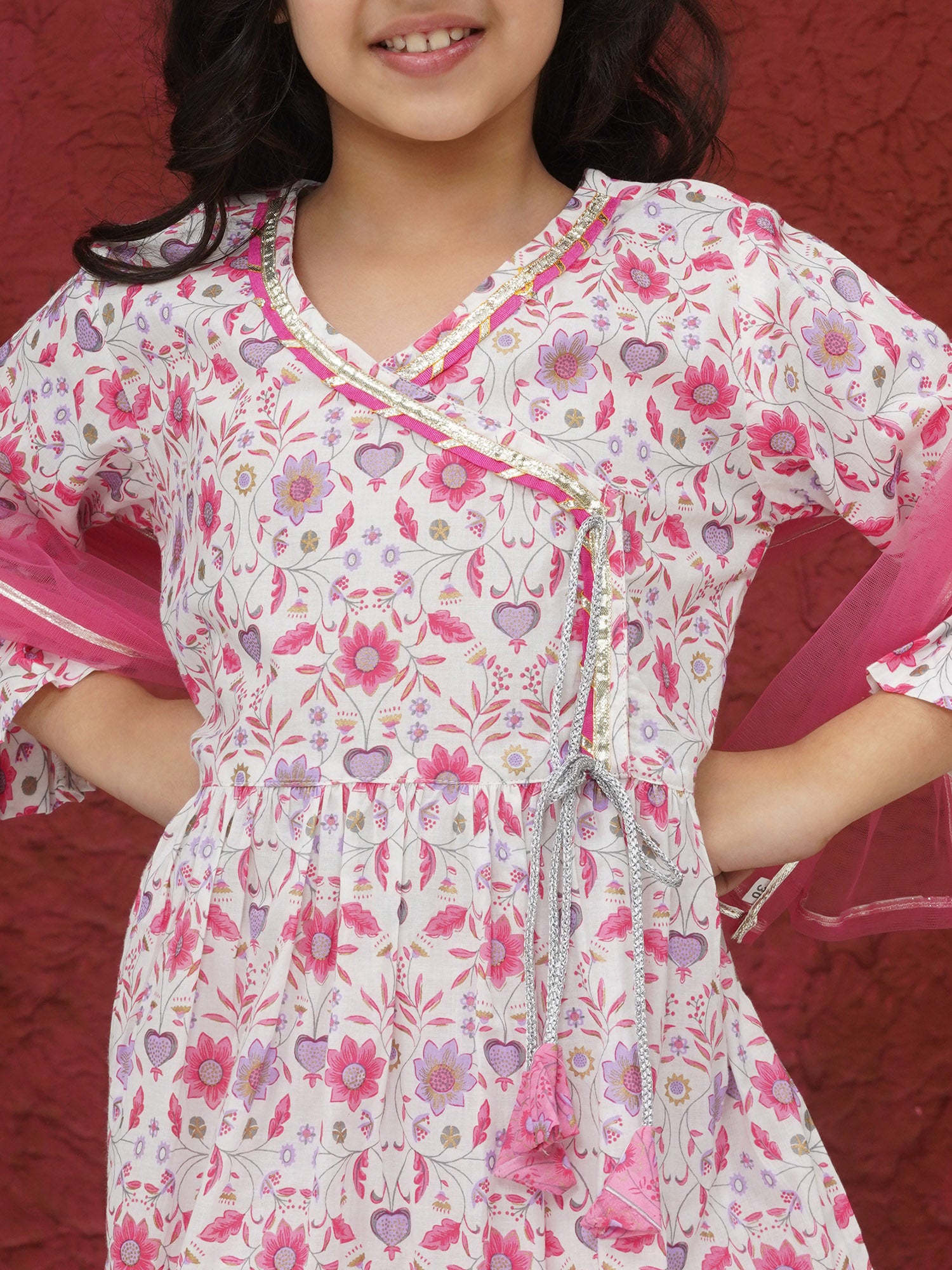 Pink 3/4th Sleeves Floral Print Cotton Girls Suit Set For Girls - AJ Dezines