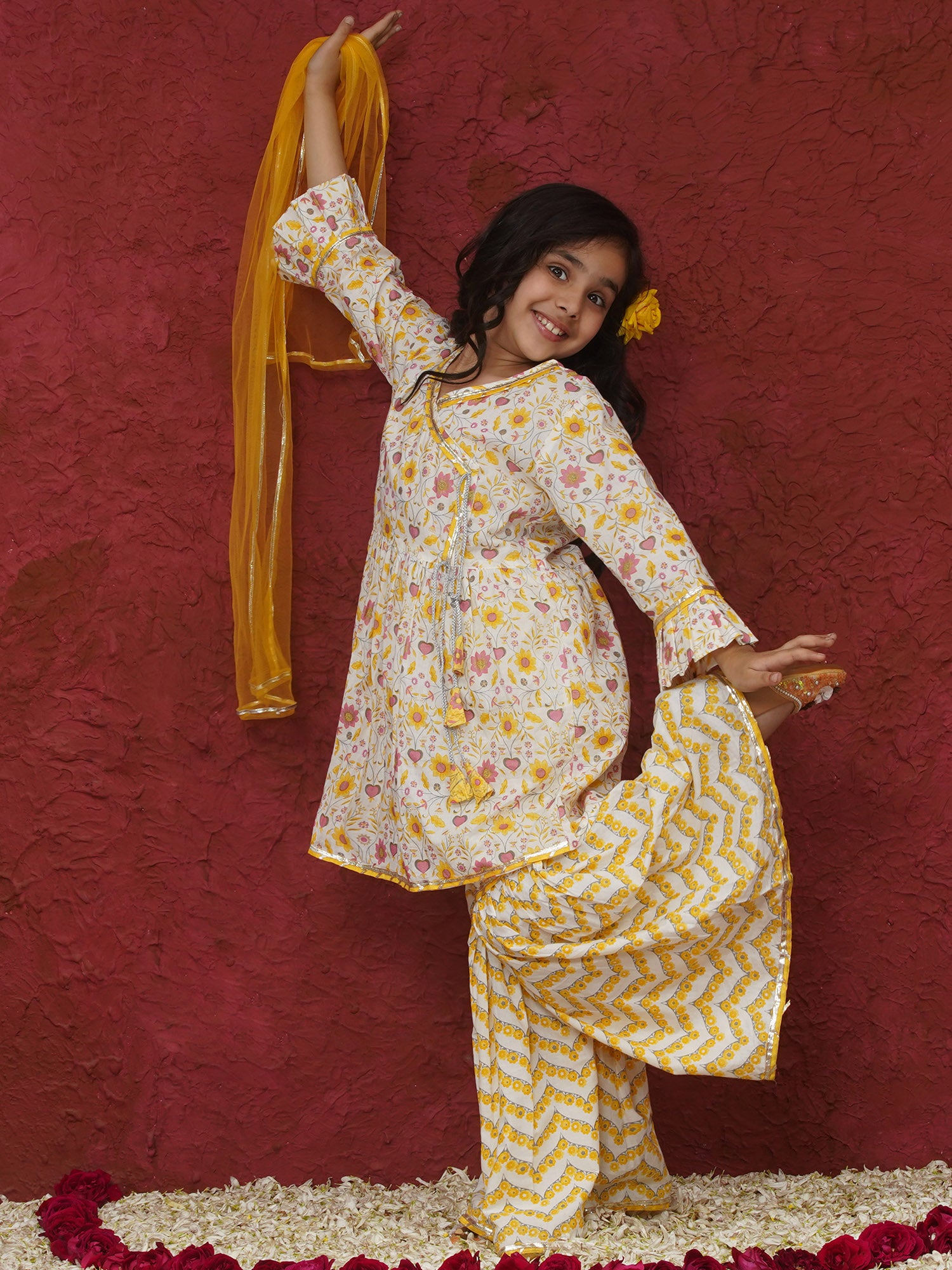 Yellow 3/4th Sleeves Floral Print Cotton Girls Suit Set For Girls - AJ Dezines