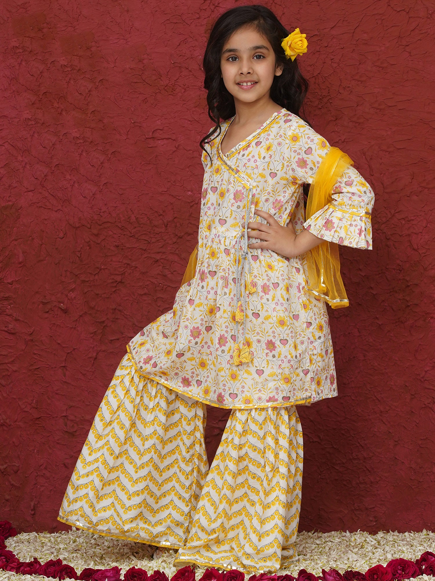 Yellow 3/4th Sleeves Floral Print Cotton Girls Suit Set For Girls - AJ Dezines
