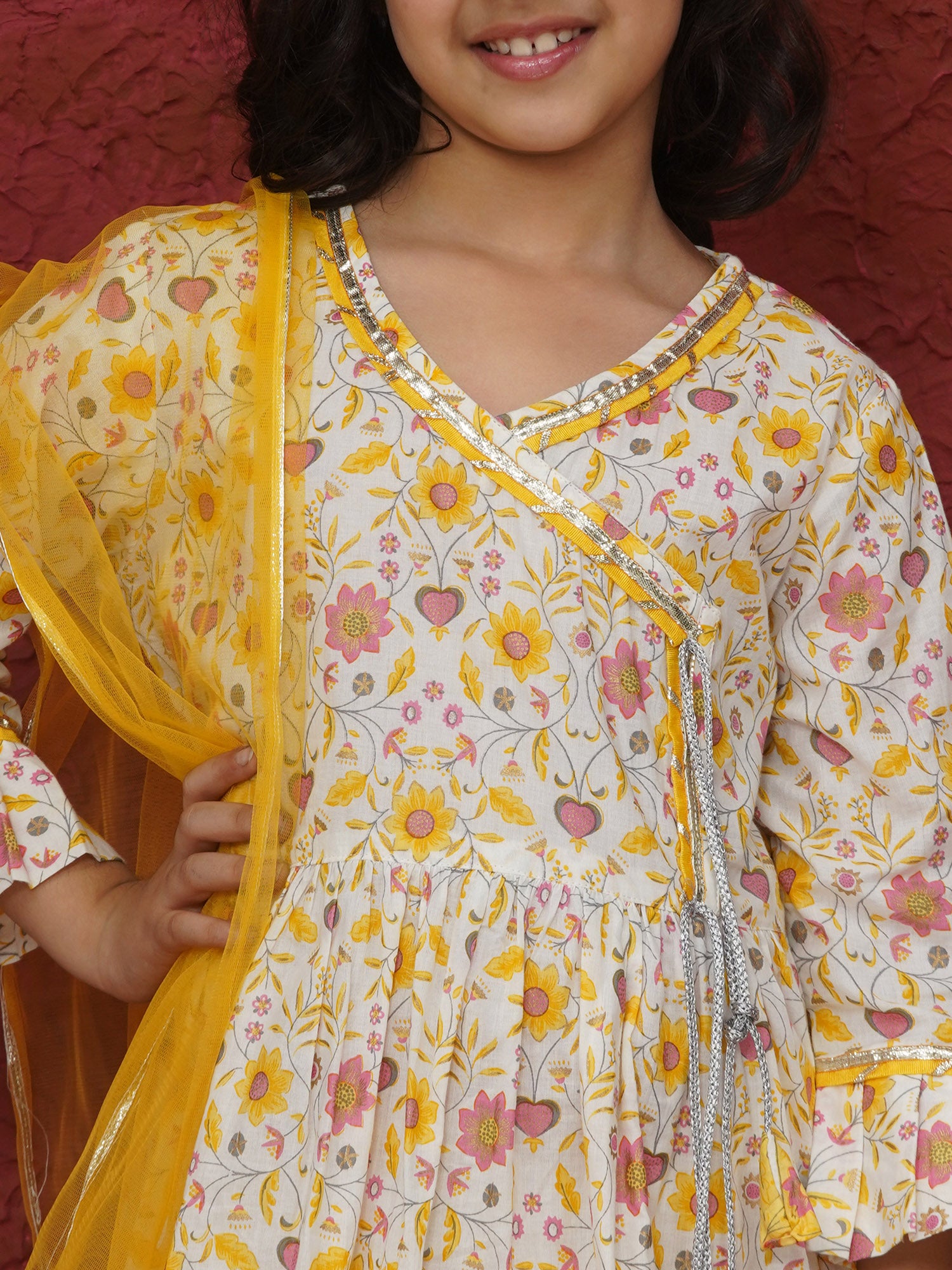 Yellow 3/4th Sleeves Floral Print Cotton Girls Suit Set For Girls - AJ Dezines
