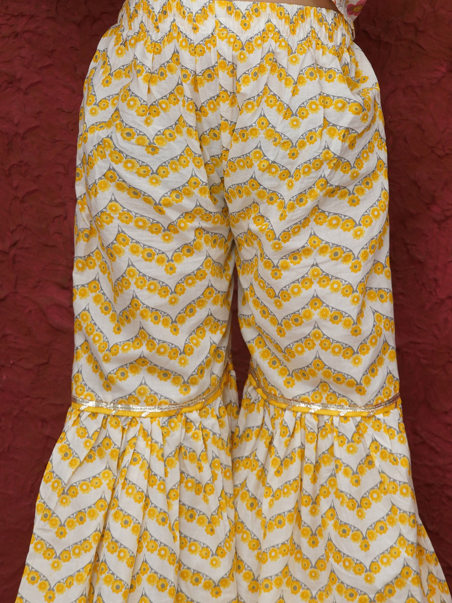 Yellow 3/4th Sleeves Floral Print Cotton Girls Suit Set For Girls - AJ Dezines
