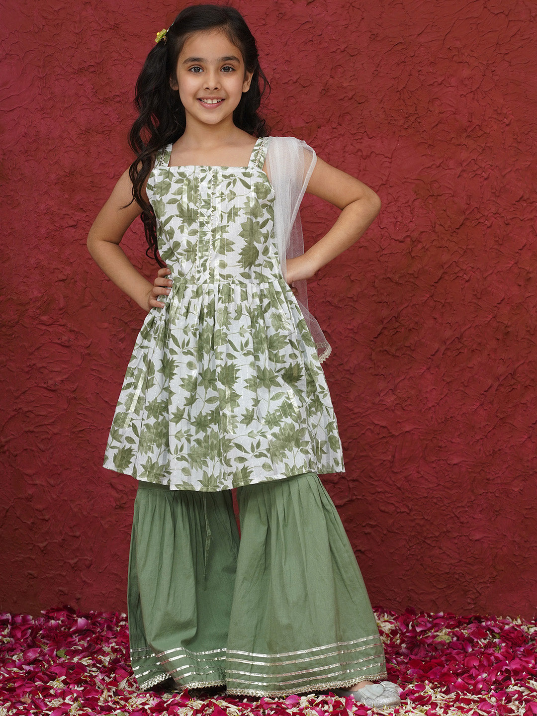 Green Sleeveless Floral Print Cotton Girls Suit Set For Girls - AJ Dezines