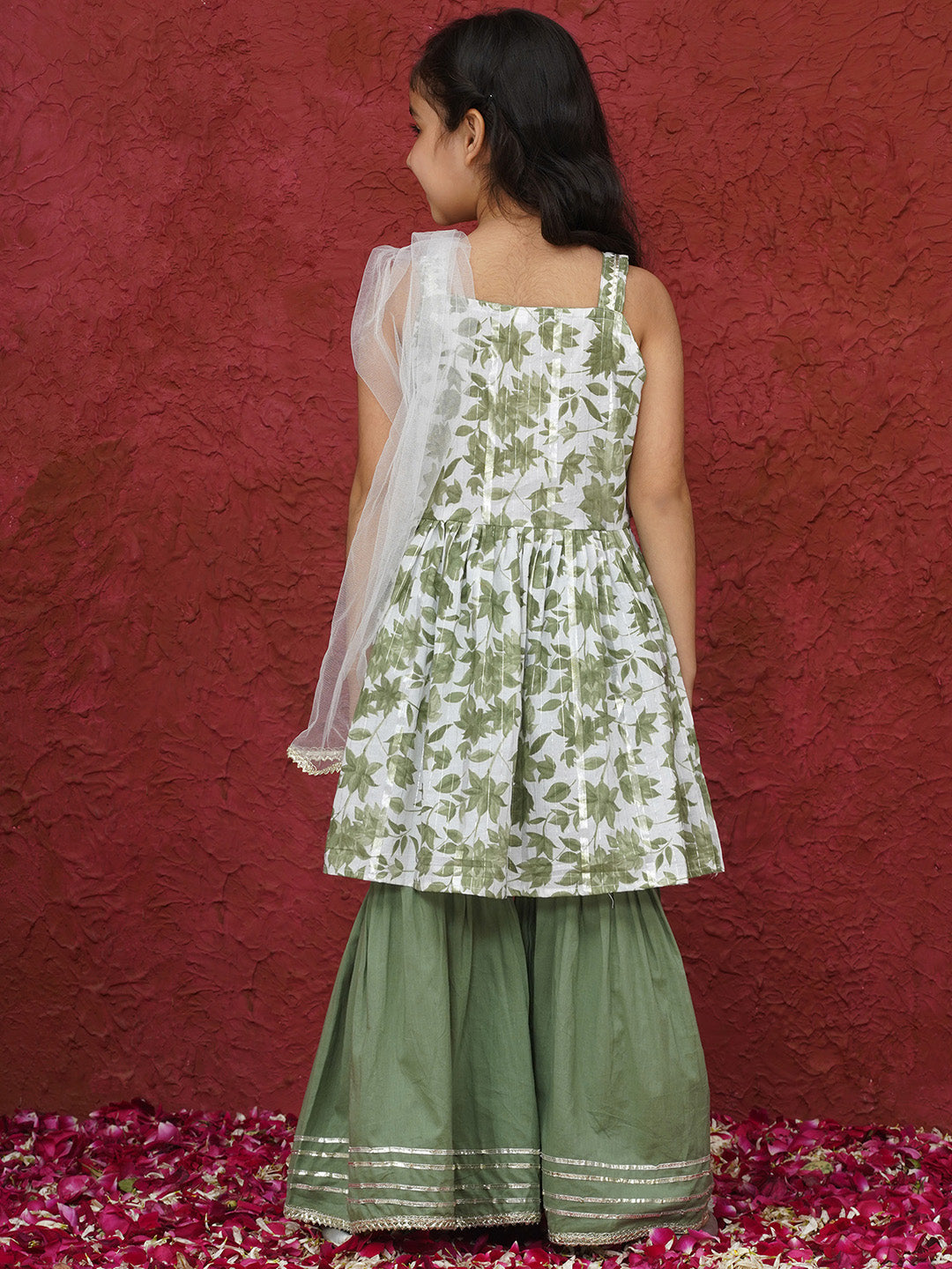 Green Sleeveless Floral Print Cotton Girls Suit Set For Girls - AJ Dezines