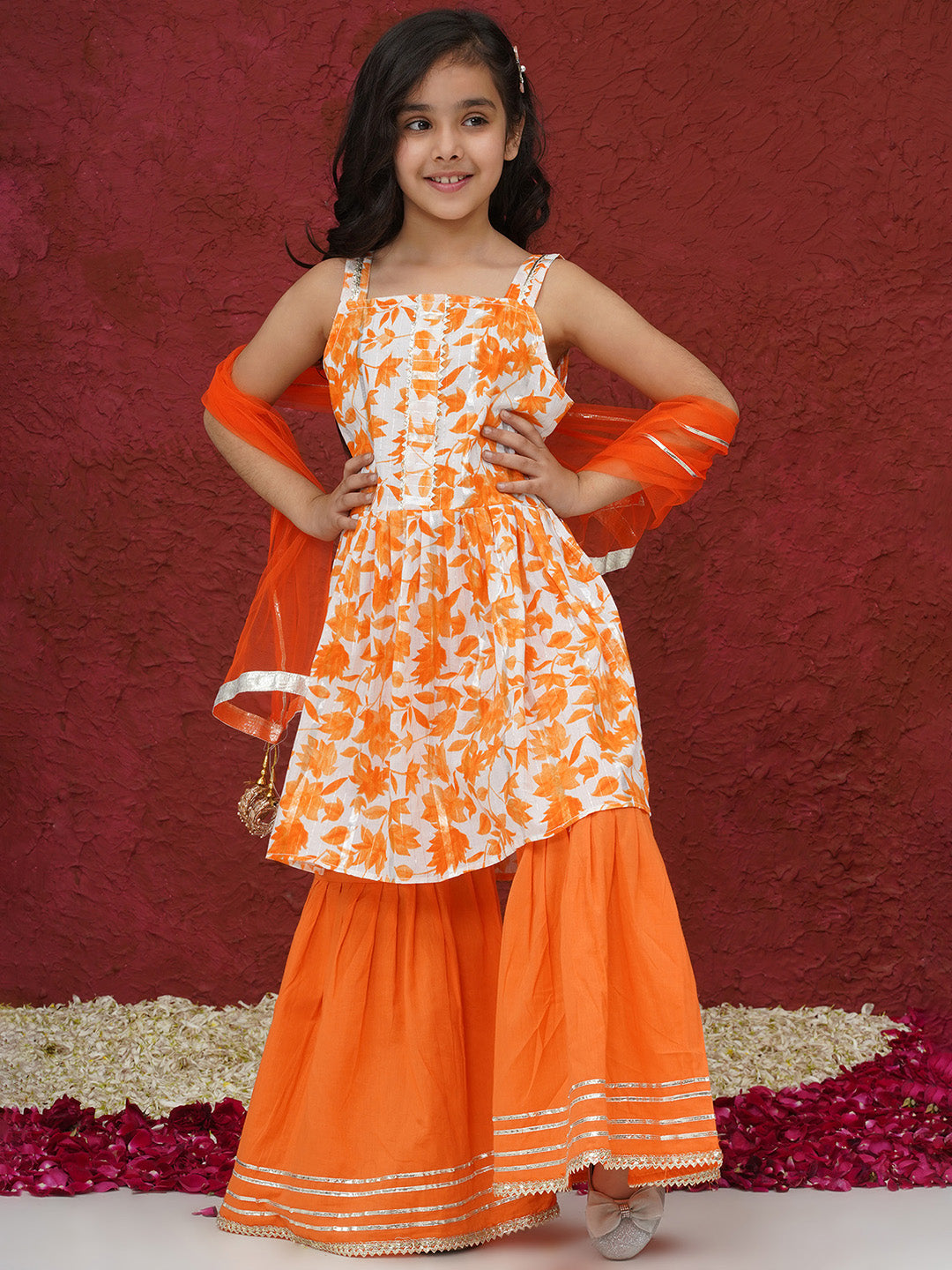 Orange Sleeveless Floral Print Cotton Girls Suit Set For Girls - AJ Dezines