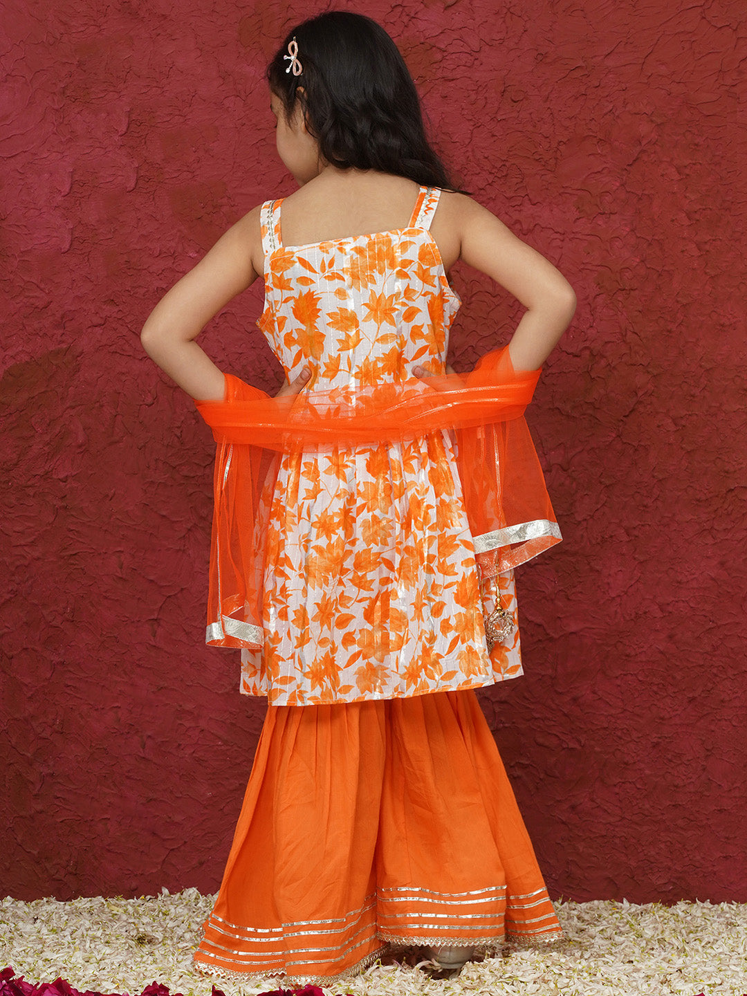 Orange Sleeveless Floral Print Cotton Girls Suit Set For Girls - AJ Dezines