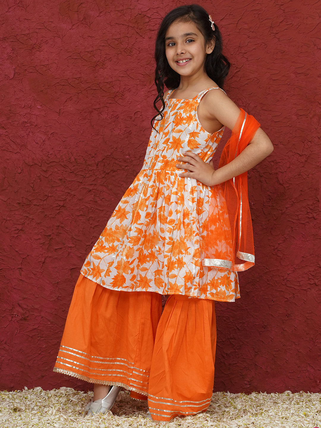 Orange Sleeveless Floral Print Cotton Girls Suit Set For Girls - AJ Dezines