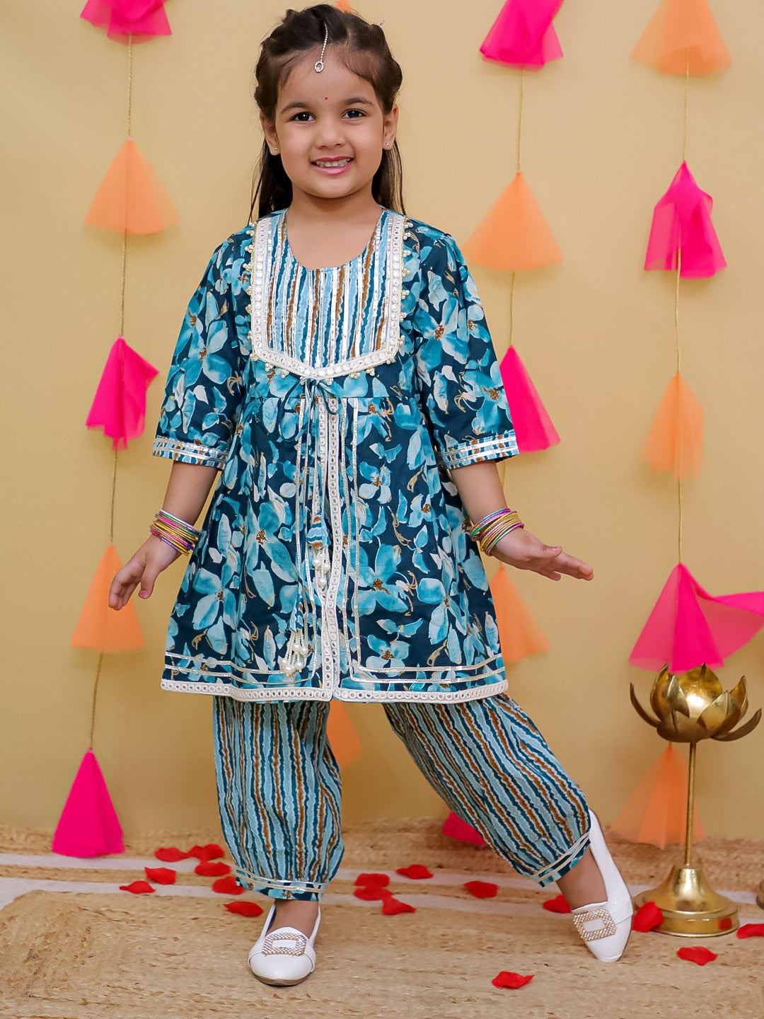 Blue 3/4th Sleeves Floral Print Cotton Girls Suit Set For Girls - AJ Dezines