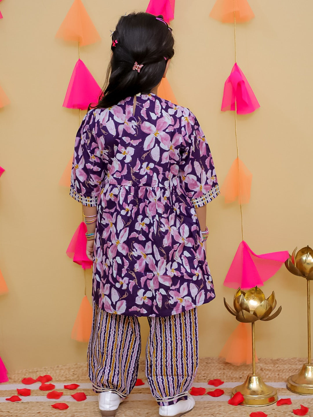 Purple 3/4th Sleeves Floral Print Cotton Girls Suit Set For Girls - AJ Dezines
