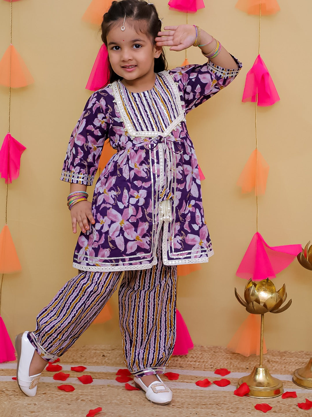 Purple 3/4th Sleeves Floral Print Cotton Girls Suit Set For Girls - AJ Dezines