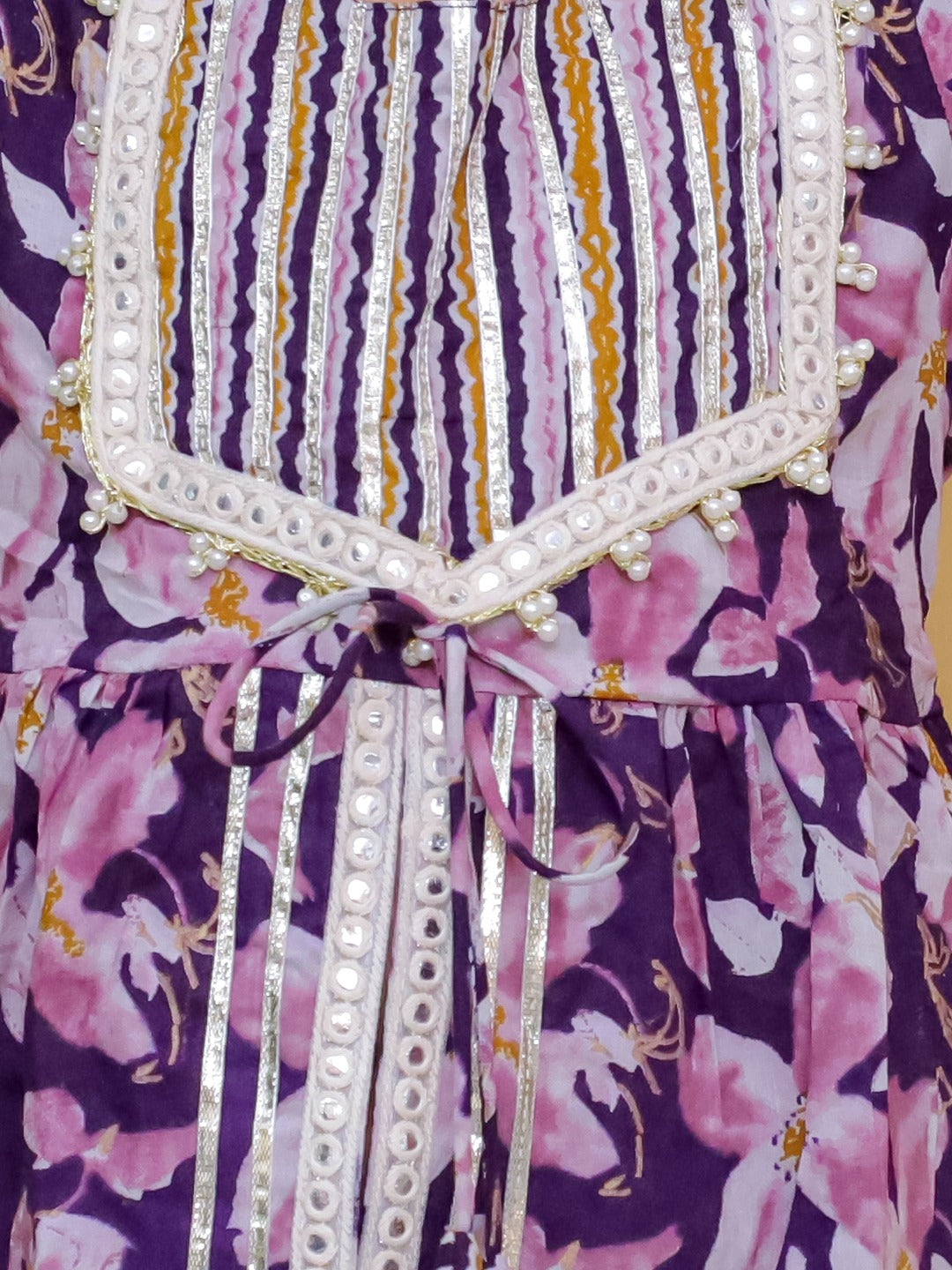 Purple 3/4th Sleeves Floral Print Cotton Girls Suit Set For Girls - AJ Dezines