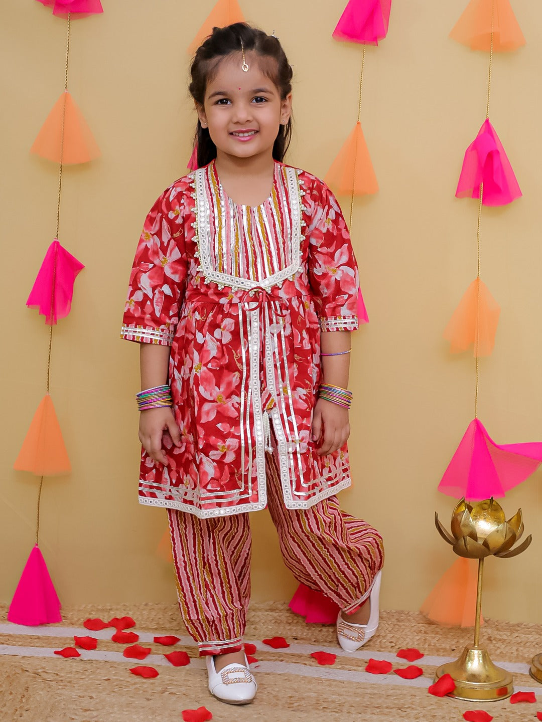 Red 3/4th Sleeves Floral Print Cotton Girls Suit Set For Girls - AJ Dezines
