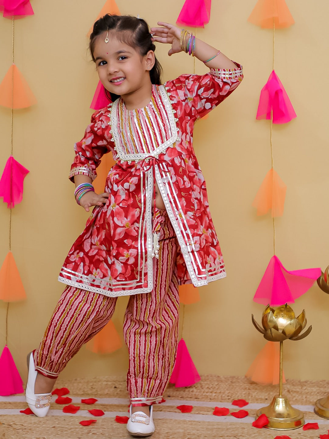 Red 3/4th Sleeves Floral Print Cotton Girls Suit Set For Girls - AJ Dezines