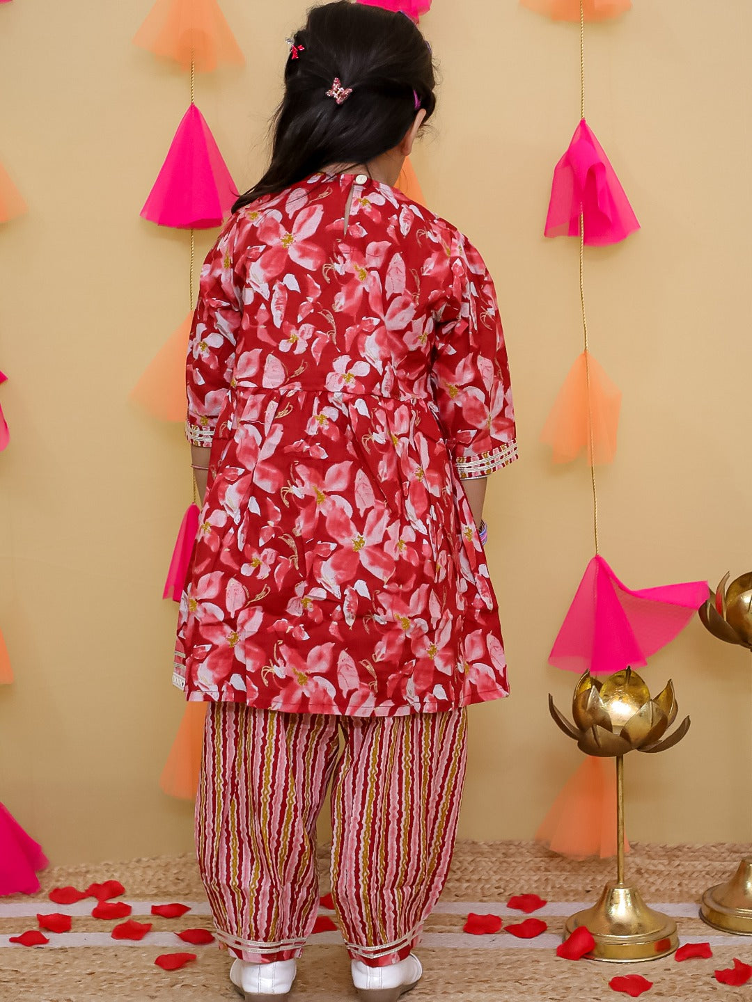 Red 3/4th Sleeves Floral Print Cotton Girls Suit Set For Girls - AJ Dezines