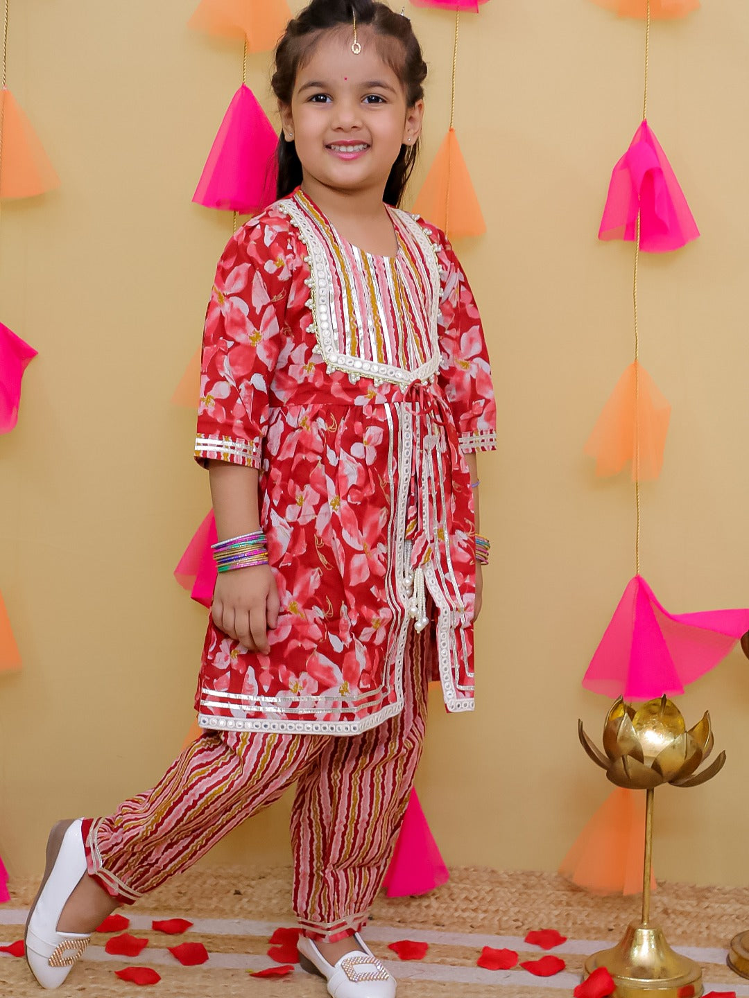 Red 3/4th Sleeves Floral Print Cotton Girls Suit Set For Girls - AJ Dezines