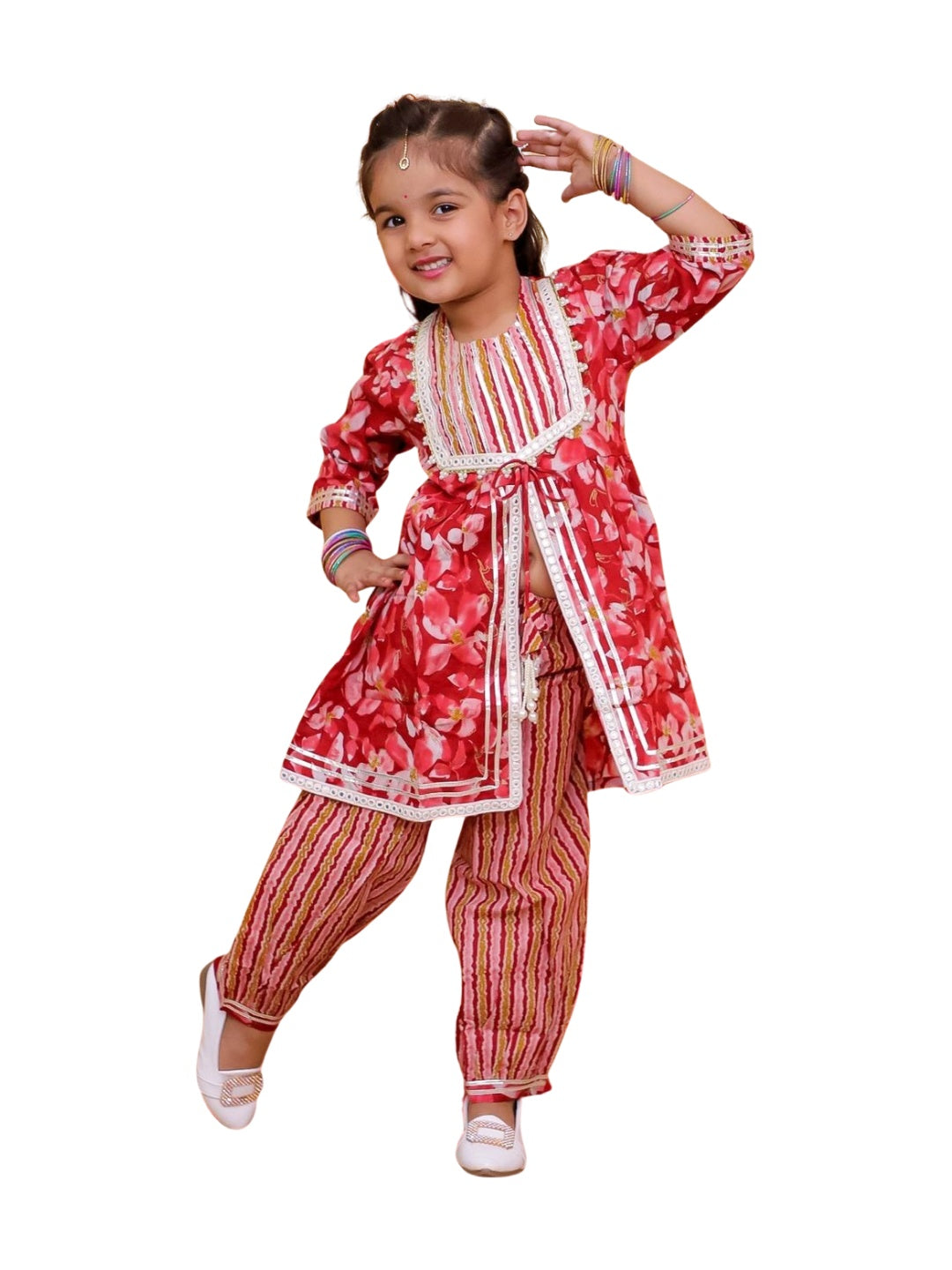 Red 3/4th Sleeves Floral Print Cotton Girls Suit Set For Girls - AJ Dezines