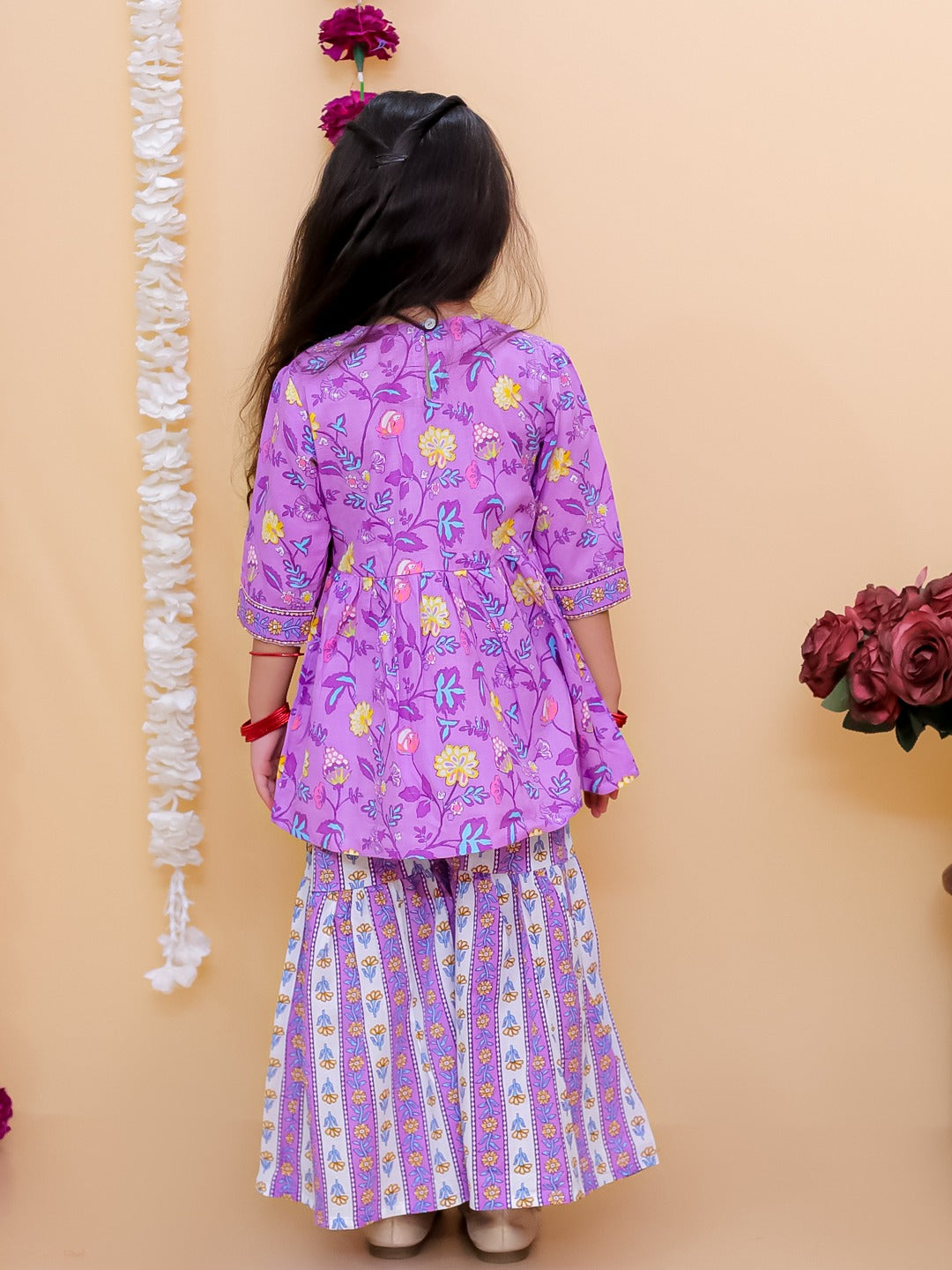 Purple 3/4th Sleeves Floral Print Cotton Girls Suit Set For Girls - AJ Dezines