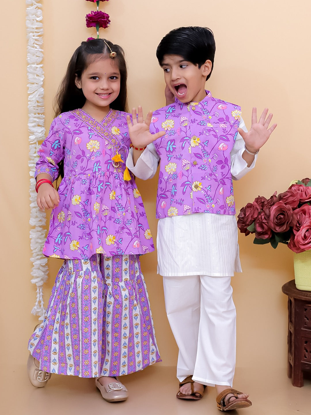 Purple 3/4th Sleeves Floral Print Cotton Girls Suit Set For Girls - AJ Dezines