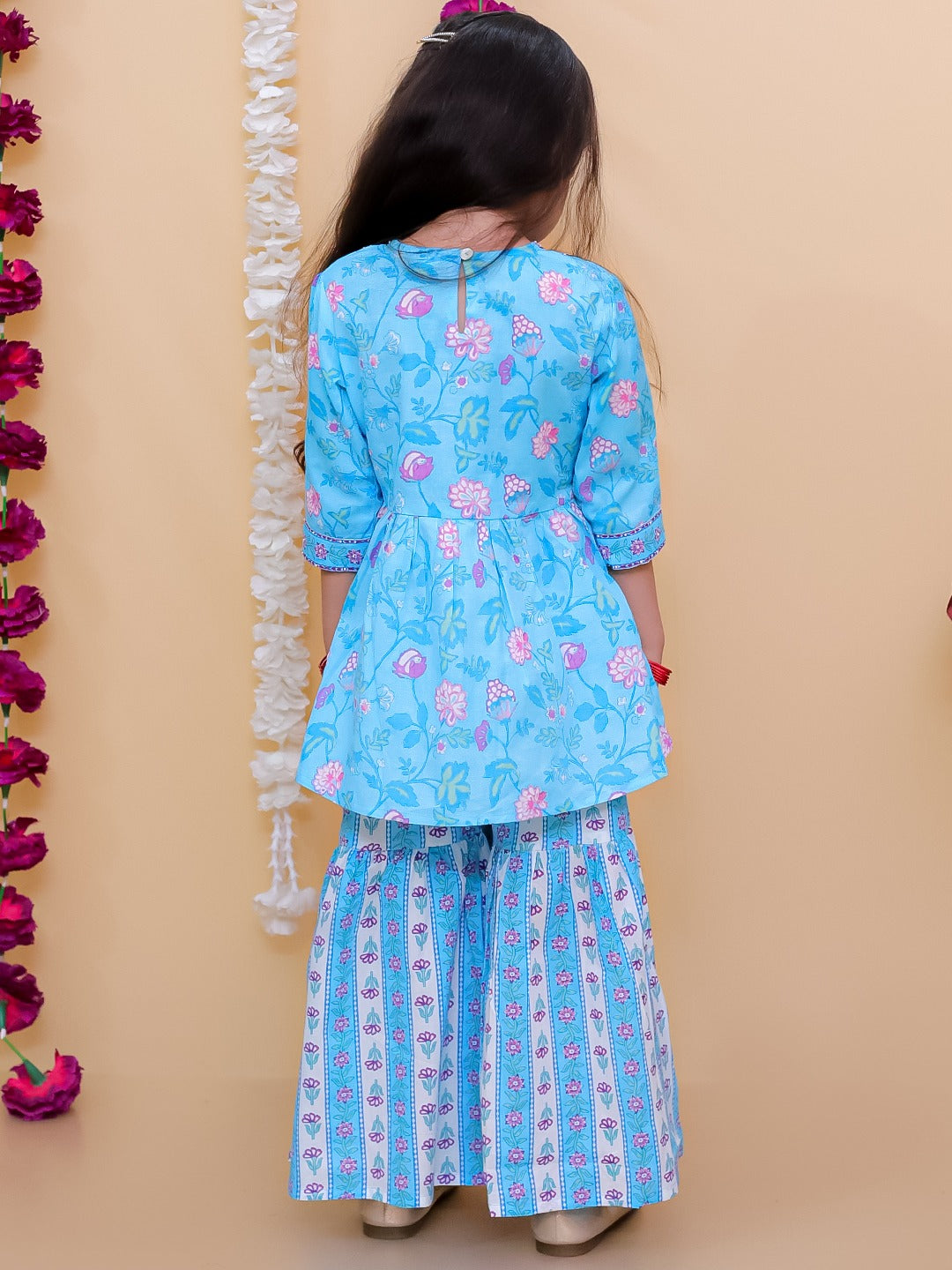 Sky Blue 3/4th Sleeves Floral Print Cotton Girls Suit Set For Girls - AJ Dezines