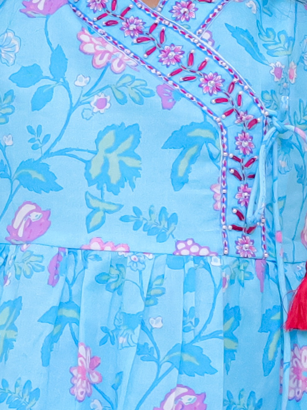 Sky Blue 3/4th Sleeves Floral Print Cotton Girls Suit Set For Girls - AJ Dezines