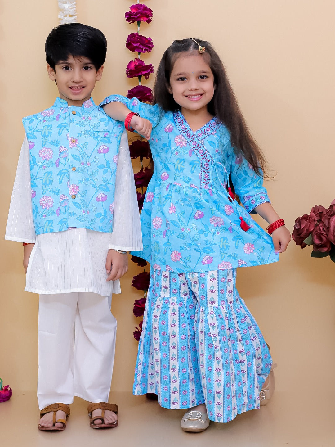 Sky Blue 3/4th Sleeves Floral Print Cotton Girls Suit Set For Girls - AJ Dezines