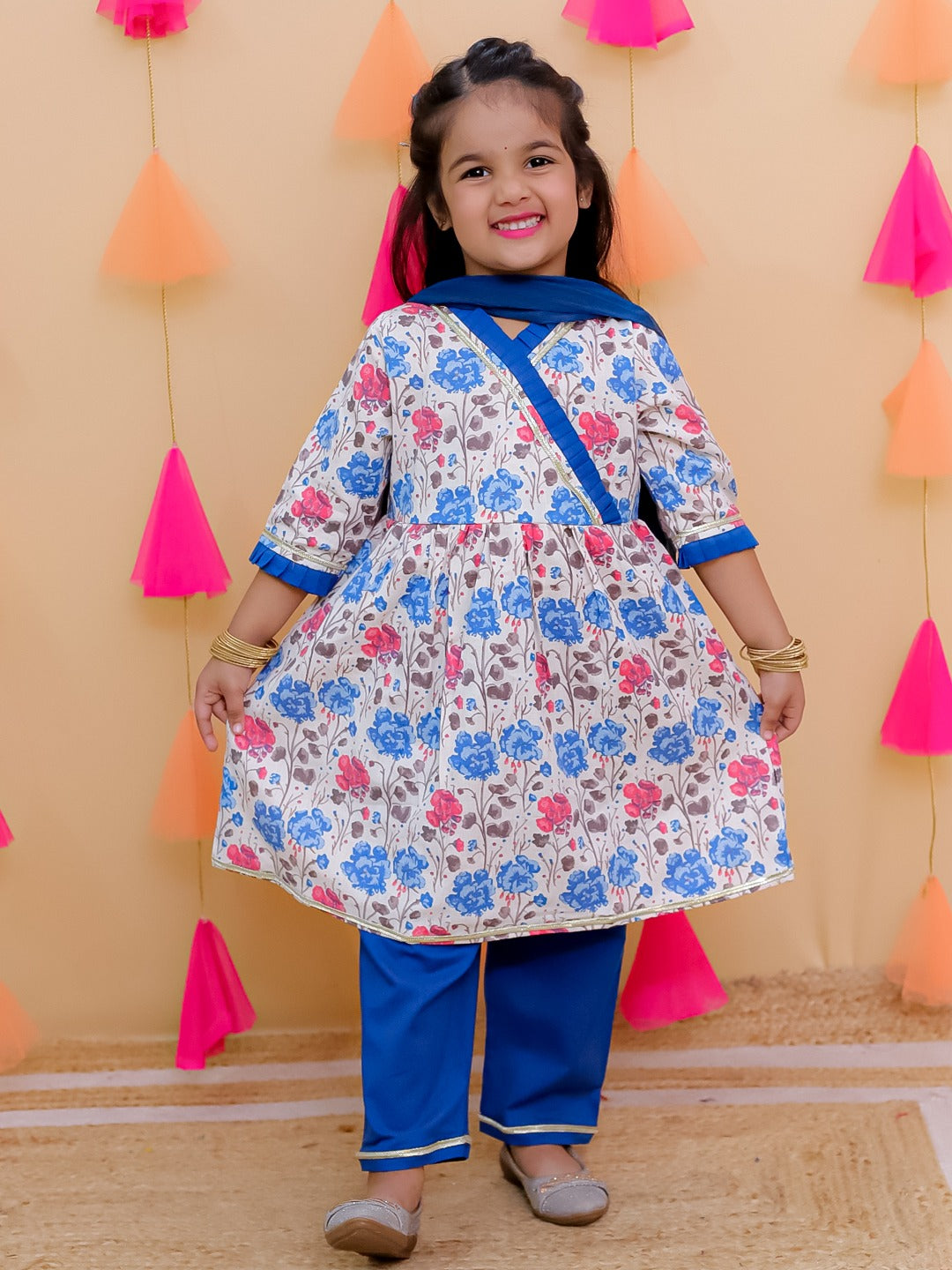 Blue 3/4th Sleeves Floral Print Cotton Girls Suit Set For Girls - AJ Dezines