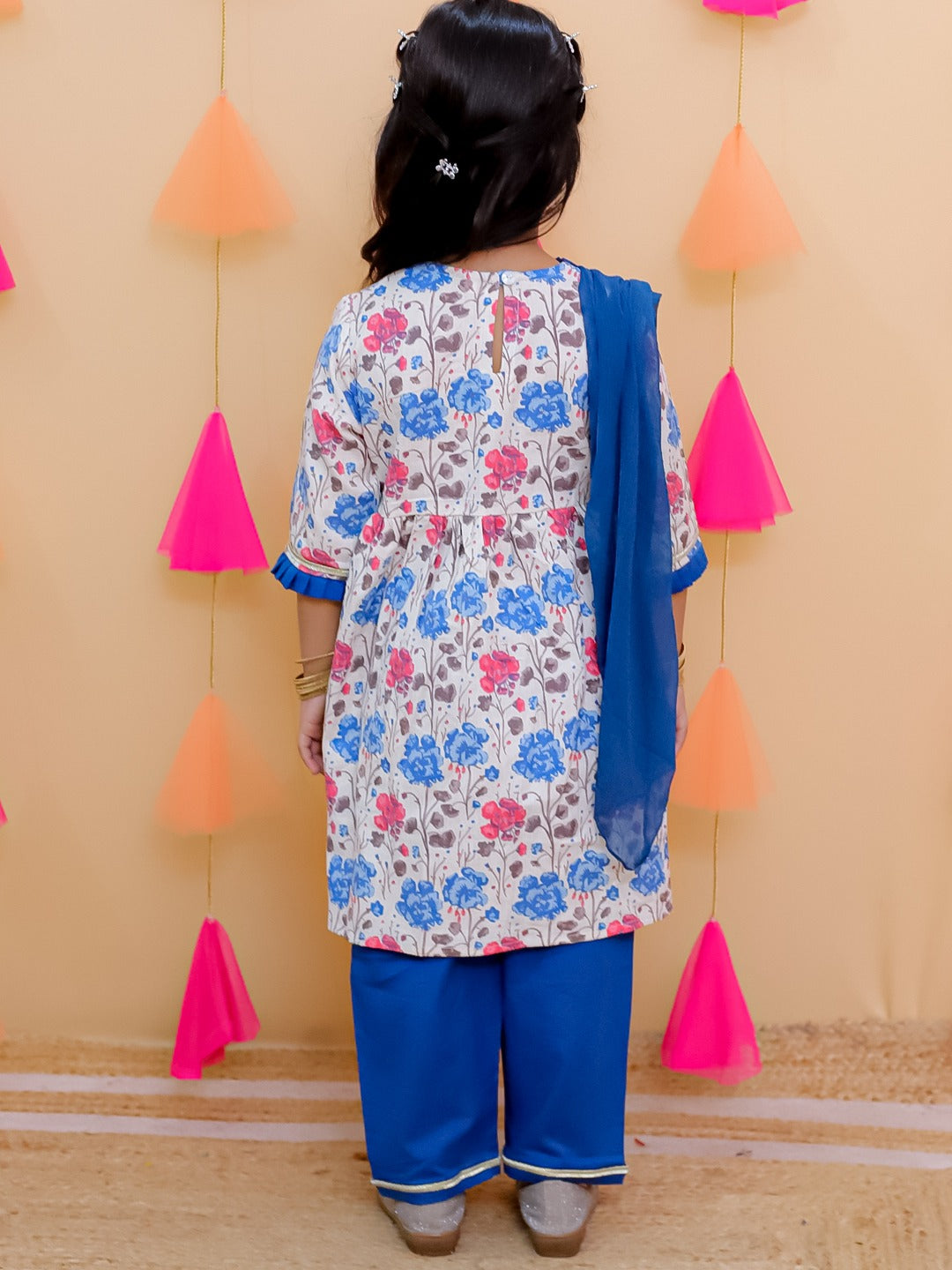 Blue 3/4th Sleeves Floral Print Cotton Girls Suit Set For Girls - AJ Dezines