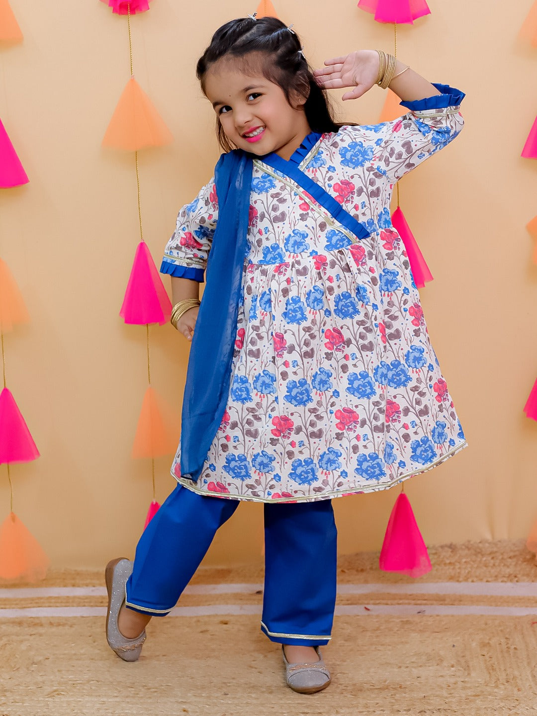 Blue 3/4th Sleeves Floral Print Cotton Girls Suit Set For Girls - AJ Dezines
