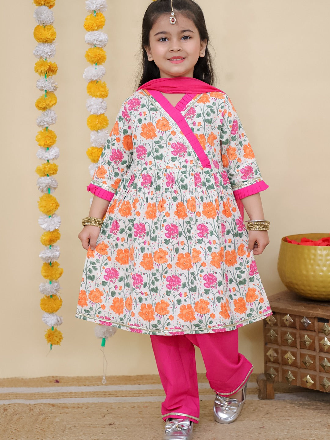 Pink 3/4th Sleeves Floral Print Cotton Girls Suit Set For Girls - AJ Dezines