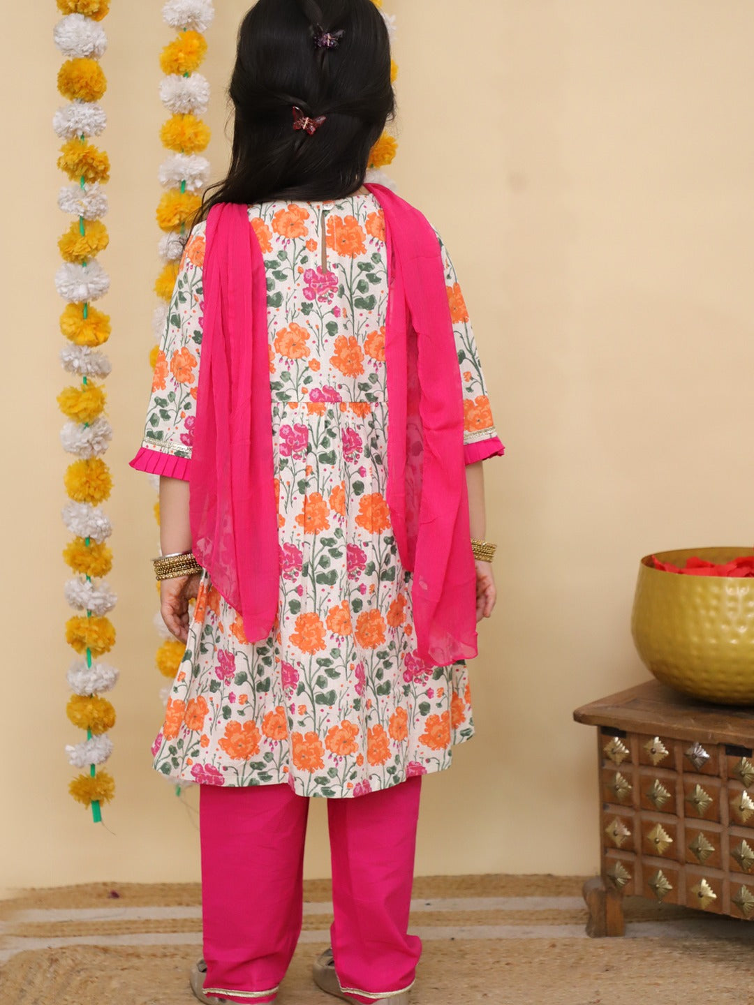 Pink 3/4th Sleeves Floral Print Cotton Girls Suit Set For Girls - AJ Dezines