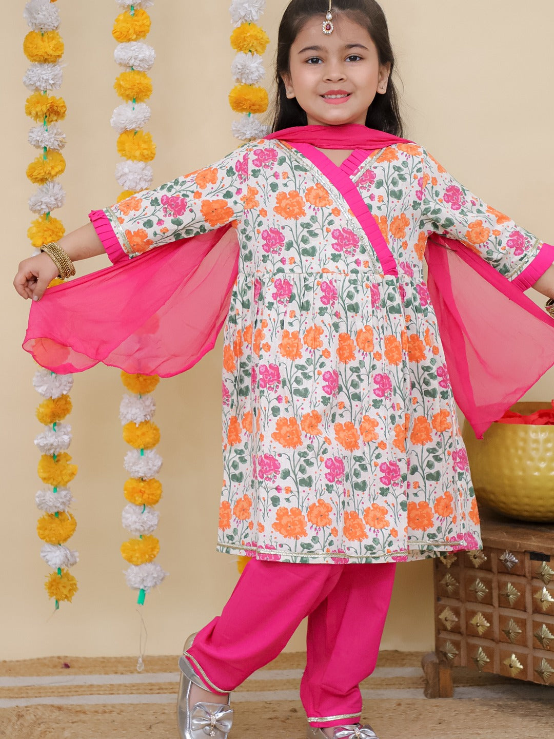 Pink 3/4th Sleeves Floral Print Cotton Girls Suit Set For Girls - AJ Dezines