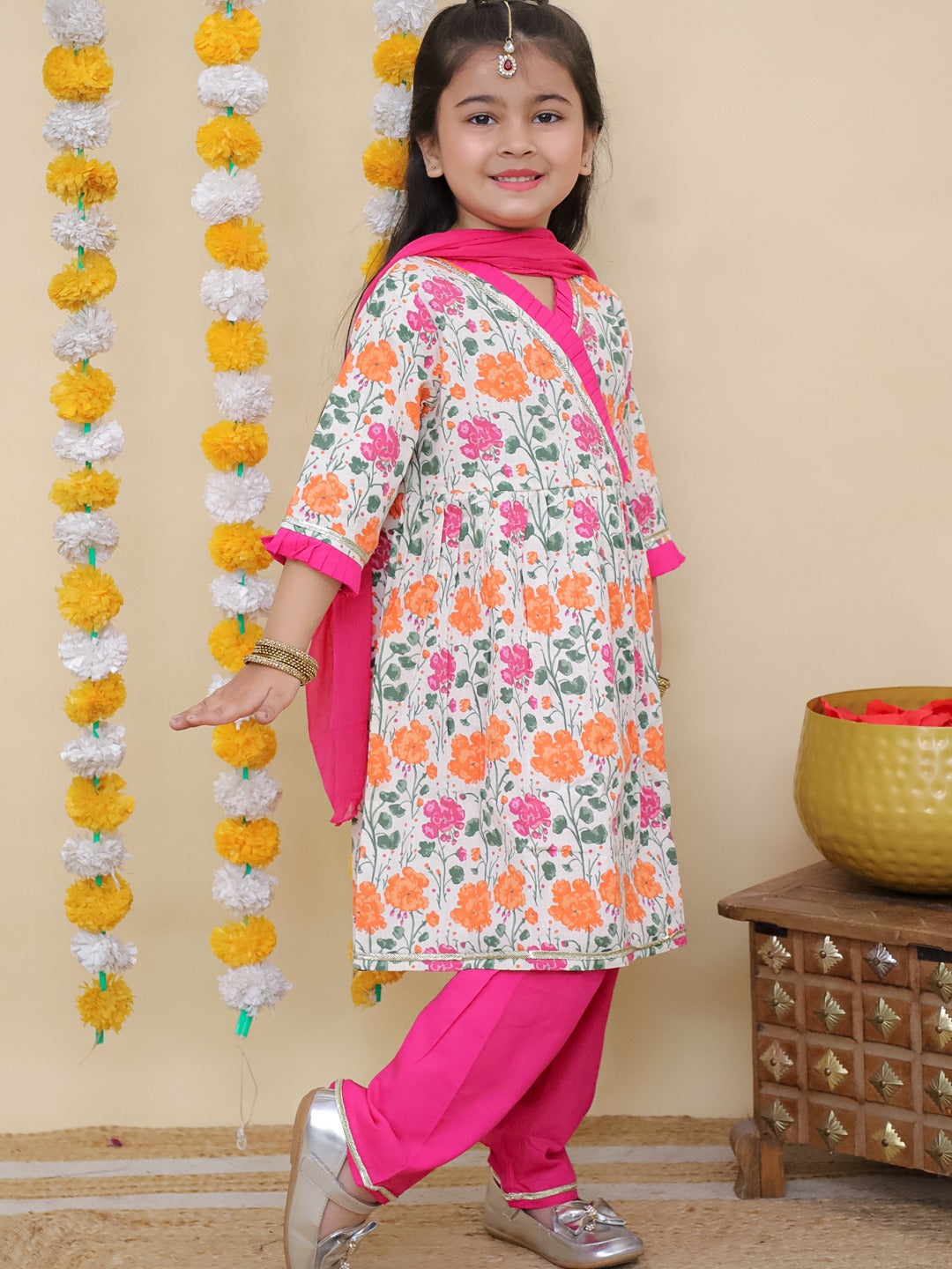 Pink 3/4th Sleeves Floral Print Cotton Girls Suit Set For Girls - AJ Dezines