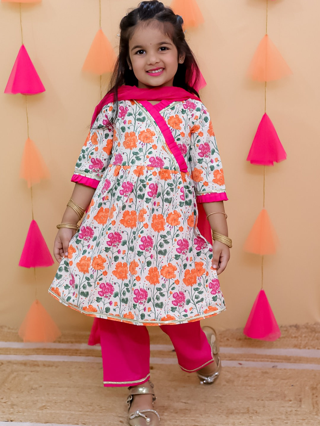 Pink 3/4th Sleeves Floral Print Cotton Girls Suit Set For Girls - AJ Dezines