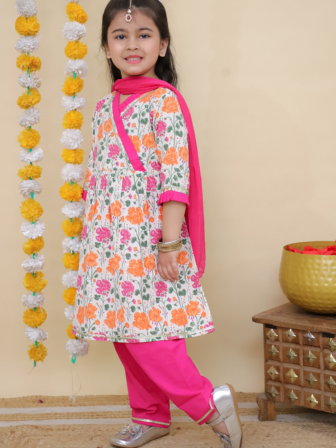 Pink 3/4th Sleeves Floral Print Cotton Girls Suit Set For Girls - AJ Dezines
