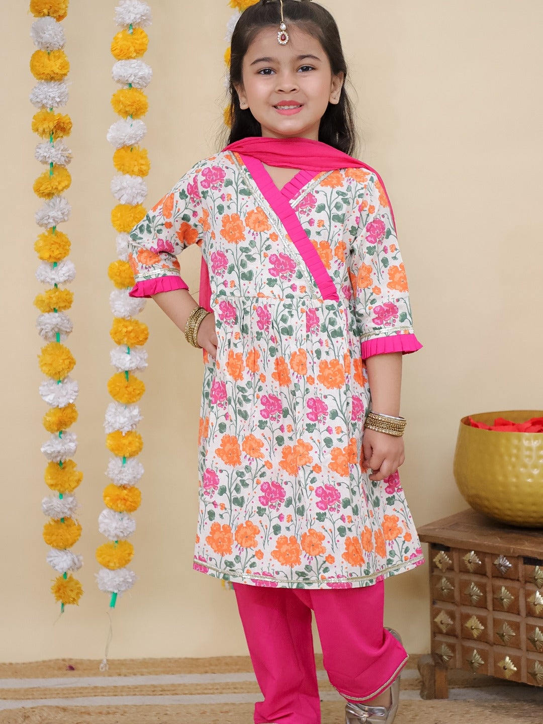 Pink 3/4th Sleeves Floral Print Cotton Girls Suit Set For Girls - AJ Dezines