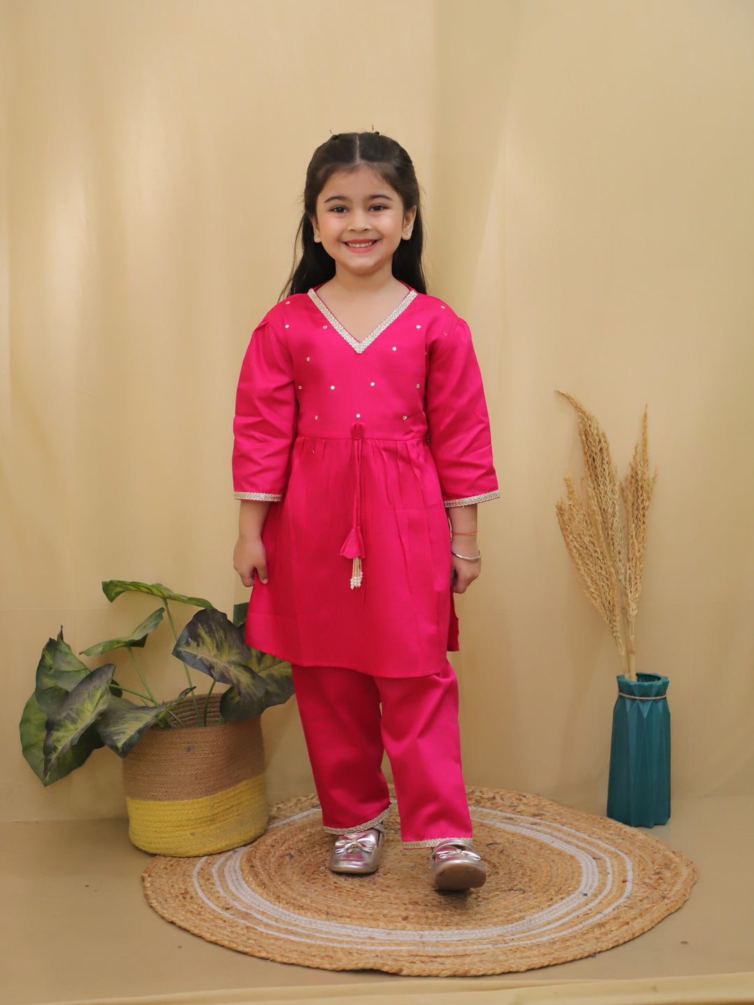 Pink 3/4th Sleeves Solid Cotton Girls Suit Set For Girls - AJ Dezines
