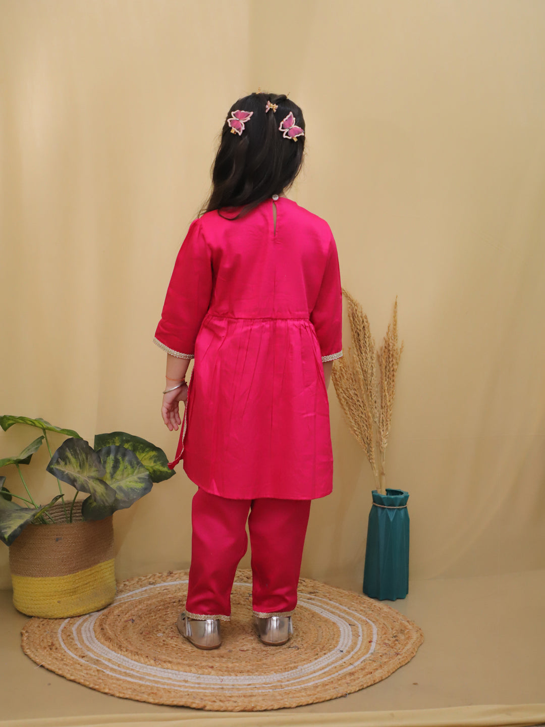 Pink 3/4th Sleeves Solid Cotton Girls Suit Set For Girls - AJ Dezines
