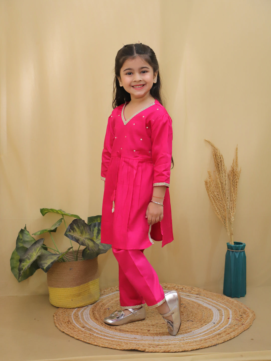 Pink 3/4th Sleeves Solid Cotton Girls Suit Set For Girls - AJ Dezines